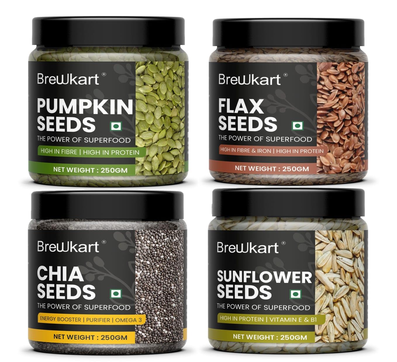Brewkart Chia, Sunflower, Pumpkin, Flax Seeds - 250g each Healthy Edible Seeds Combo | Diet Superfood | Healthy Snack | High in Protein, Fiber, Vitamin E& B1, Omega 3 | Rich in Antioxidants (B0DCK58YML) Amazon Price History, Amazon Price Tracker