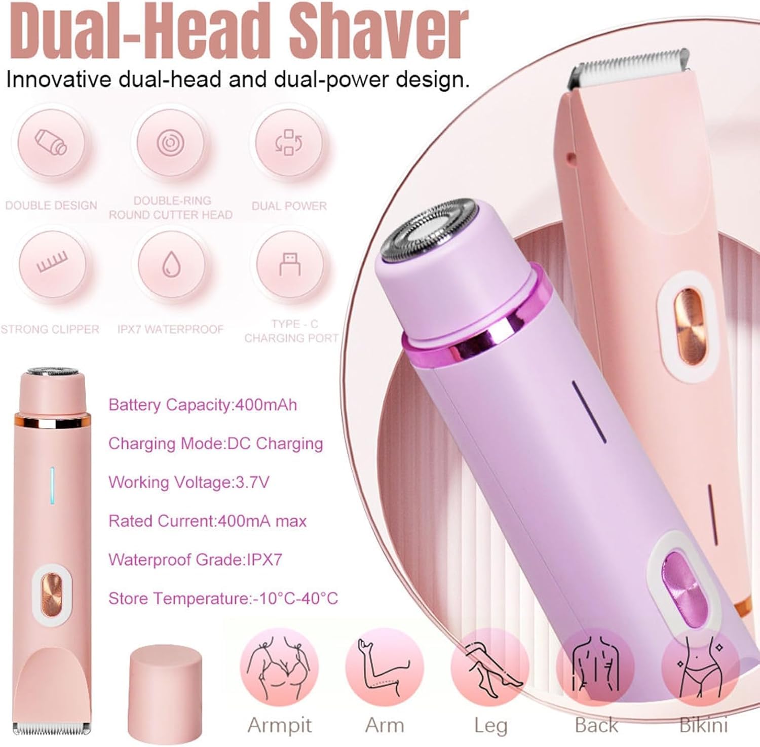Klyne - Rasoio elettrico 2 in 1 da donna per pelli sensibili, bikini Clipper e ricarica USB, impermeabile IPX7, per bikini, gambe, ascelle e naso (rosa)