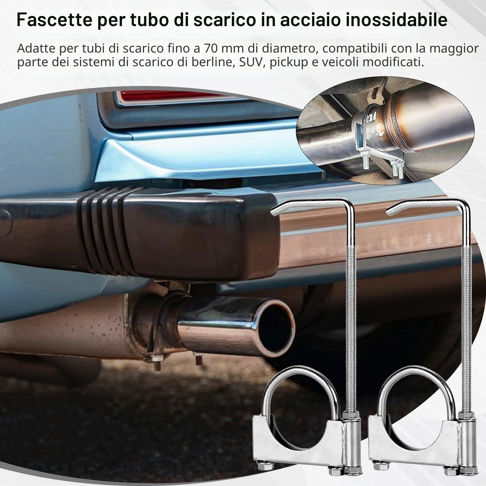 Fascetta Di Scarico In 2 Pezzi, Universale In Acciaio Inox Fascette A U Resistenti Con Gancio Stile Sella ø70 mm/2,75 Pollici Per Tubi Di Scarico Di Auto E Camion