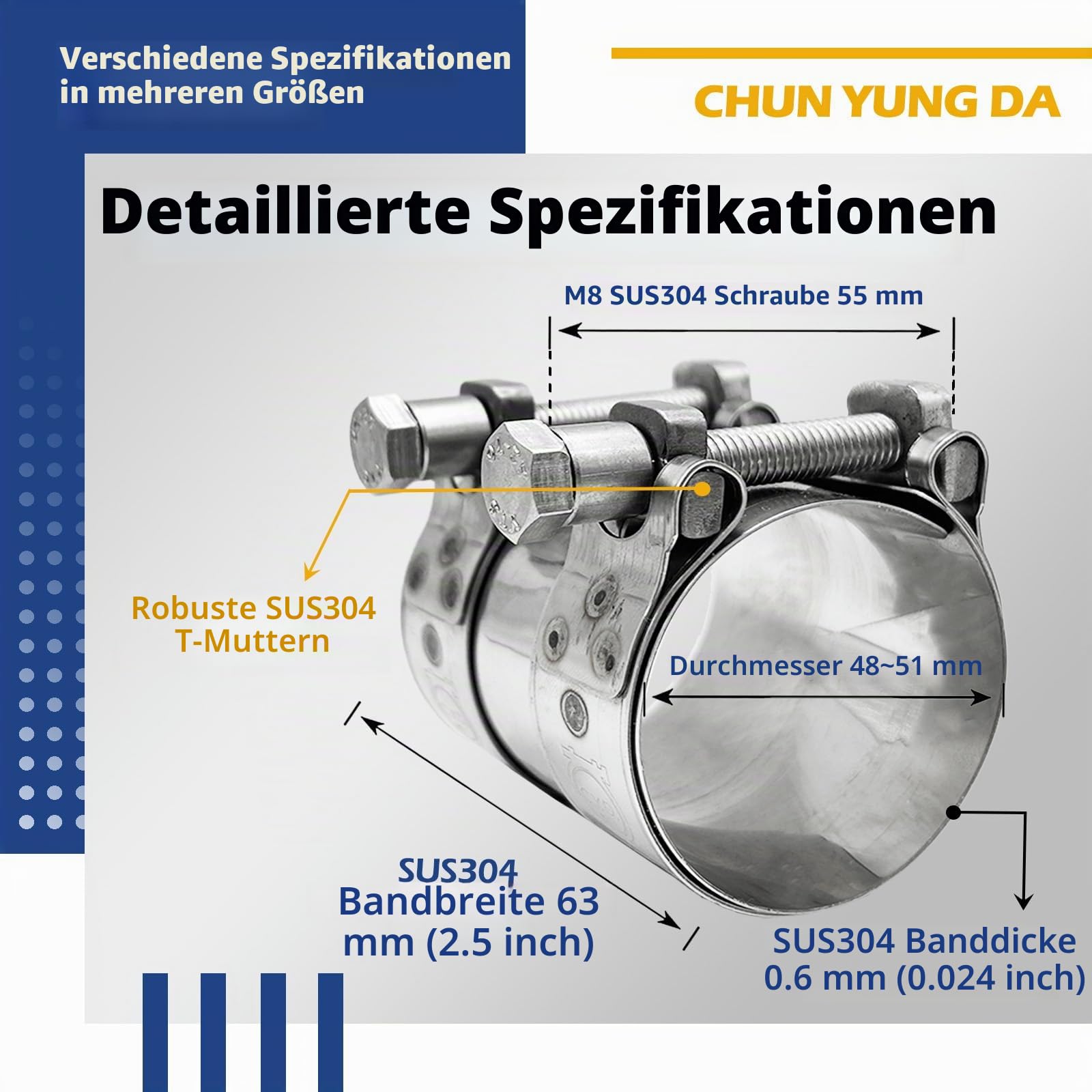 Gelenkbolzenschelle W4 Edelstahl 304 – Schwerlast Breitbandschelle TT, 60 mm Breit, 48–51 mm (1,89–2 Zoll), für Schalldämpferrohr, 1er Pack