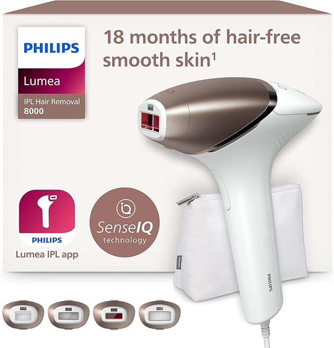 Philips Serie 8000, Depiladora Luz Pulsada Lumea, IPL, Piel Suave Desde Casa, Con Funda, Accesorios para el Cuerpo, Cara, Bikini y Axilas, Alternativa a Depilación Láser. BRI948/00