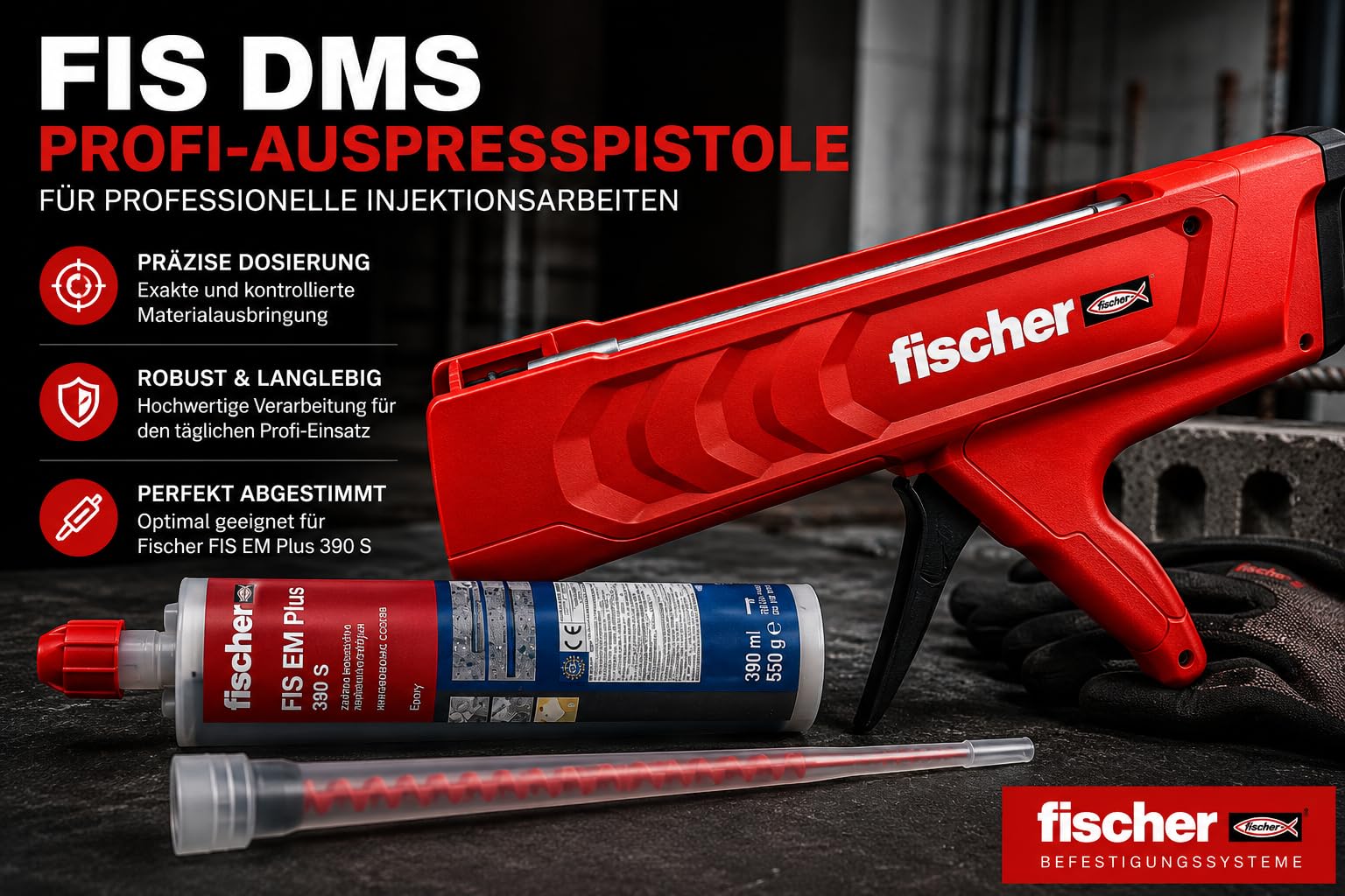 Fischer FIS EM Plus 390 S - Set di malta per resina epossidica, 12 x 390 ml, malta ad iniezione con 24 miscelatori statici FIS MR Plus, pistola per spremere FIS DM S Pro e valigetta per fissaggi