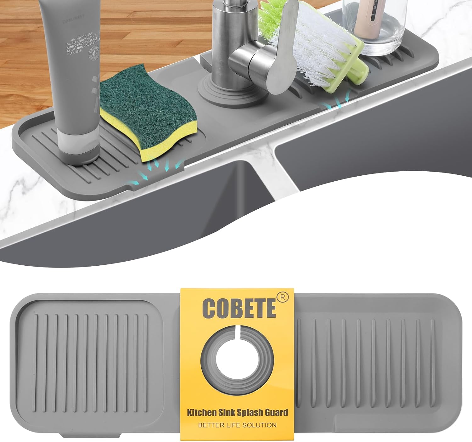 COBETE Kitchen Sink Splash Guard, 5°Slope 17.7in Faucet Mat Splash Catcher, Handle Drip Catcher Tray, Multipurpose for Kitchen Dish Drying Mats Sponge Holder and Bathroom Countertop Protect