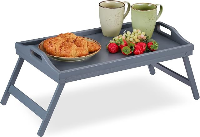 Relaxdays Bamboo Tray, Folding Legs, Raised Edge, for Breakfast in Bed and Serving Table, HWD: 6.5 x 50 x 30 cm, Grey, Gray, 23 x 60.5 x 30 cm