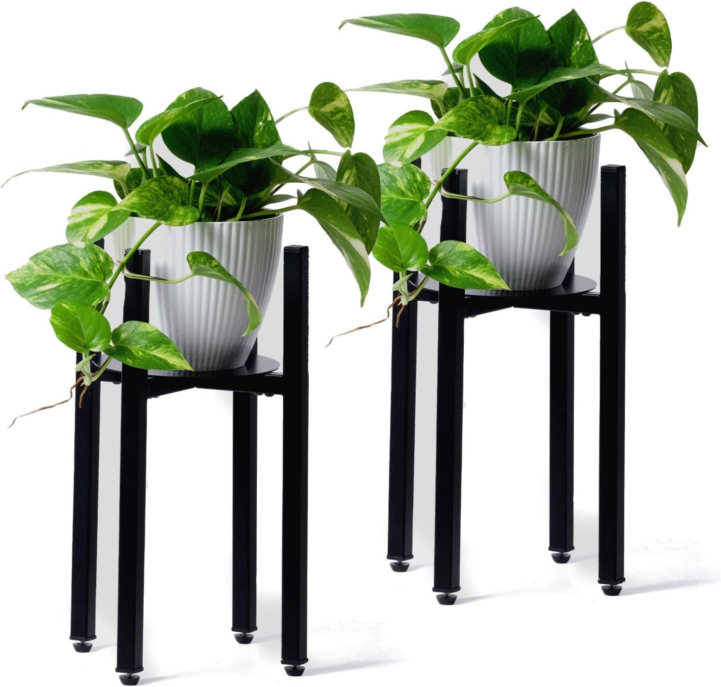 Encore Essentials Adjustable Metal Plant Stand (2 Pack) - Black Mid Century Plant Stands with Planter Trays - Heavy Duty for Large Indoor Outdoor Flower Pots & Planters (8’ to 12”) Up to 200lbs