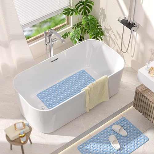 Miniatura 7 de HITSLAM Tapete antideslizante para bañera de 28 x 15 pulgadas, tapete de baño de drenaje eficiente con ventosas, suave en los pies y fácil de