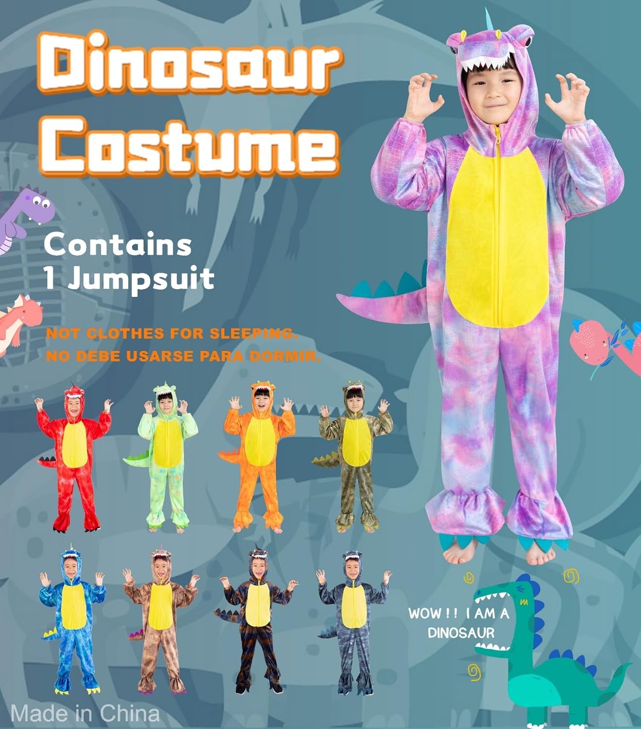 DearSun Child's T-Rex Dinosaur Costume Dinosaur Costume for Kids Fancy Dress Costume Hooded Romper Jumpsuit