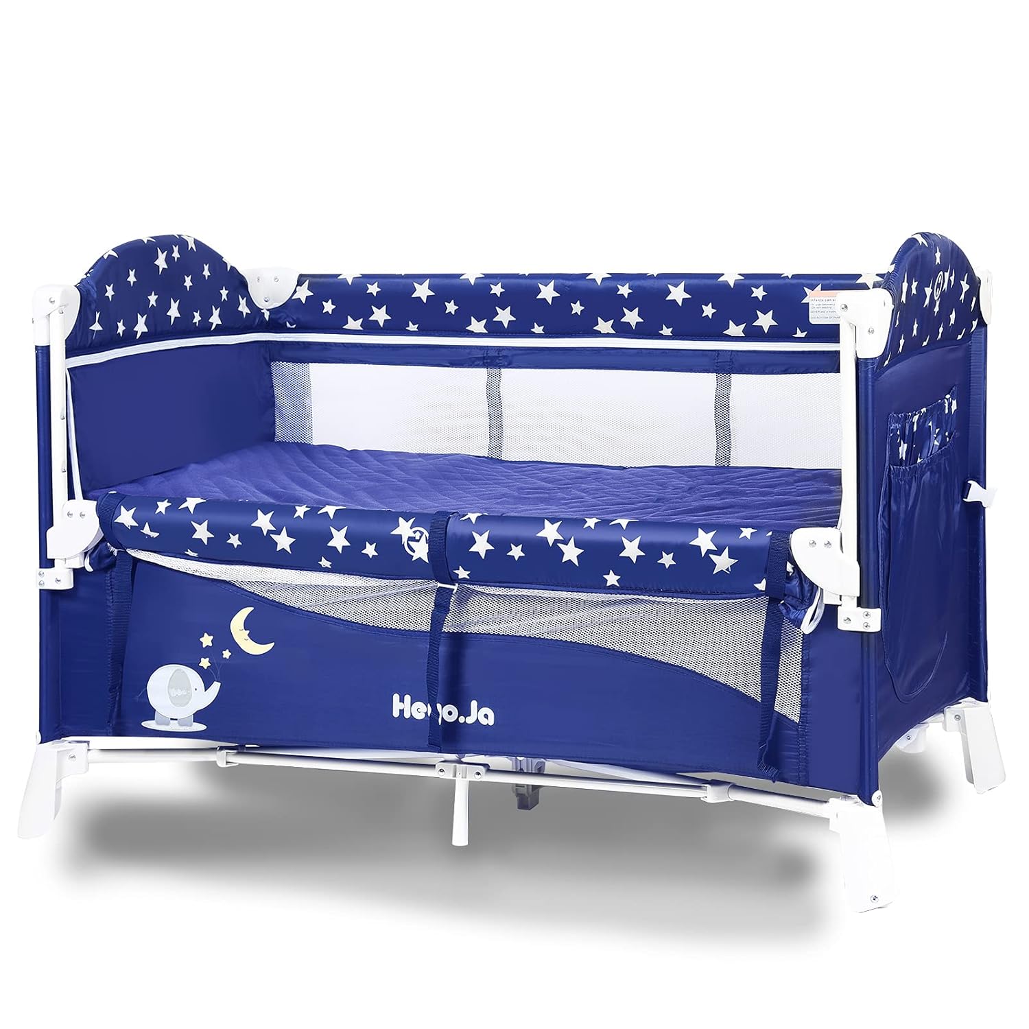 Heyo.Ja Portable Baby Playard, 4 in 1 Convertible Pack and Play with Bassinet, Nursery Center with Comfortable Mattress, 5 Height Adjustable Bedside Crib, Starry Sky Fence (Navy) Blue 47.24x23.62x29.92 Inch (Pack of 1)