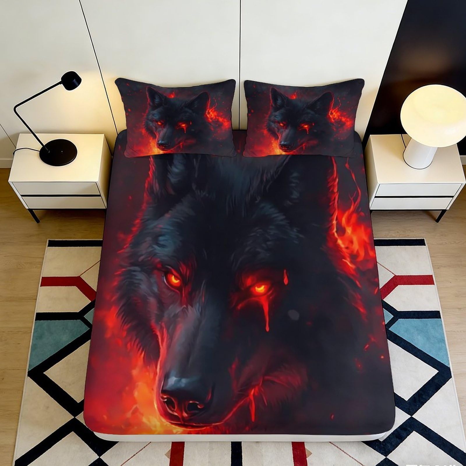 3D Printed Fiery Wolf Fitted Sheet Microfiber Soft Breathable Lava Wolf Mattress Cover for Bedroom Dorm Decor 90x200x25cm