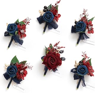 Ling's moment Boutonniere for Men, 6pcs Groom Groomsmen Boutonniere, Artificial Flowers for Wedding Decor/Prom/Homecoming, etc.Navy Blue Burgundy