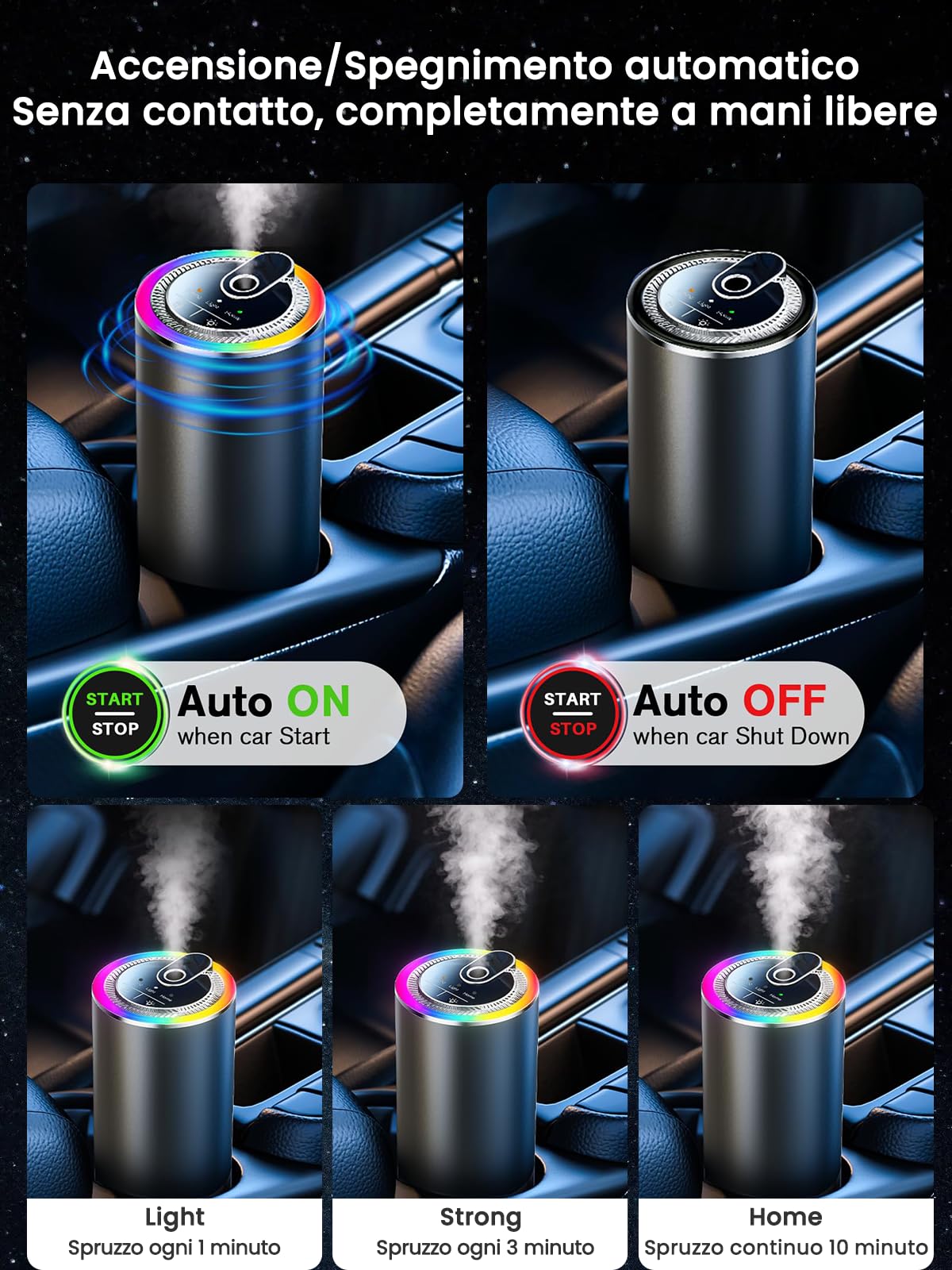 Profumatore Auto Diffusore con profumo da 50 ml (Oceano), durata 4-6 mesi, atomizzatore a ultrasuoni, RGB Musica Leggera, 3 modalità intelligenti, automatico On/Off, batteria da 1000 mAh, BJ 573