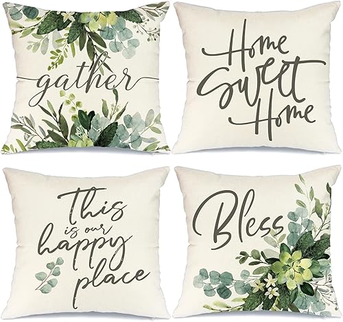 GEEORY Juego de 4 fundas de almohada de hojas de eucalipto de 16 x 16 pulgadas con citas para el hogar dulce hogar feliz lugar almohadas de