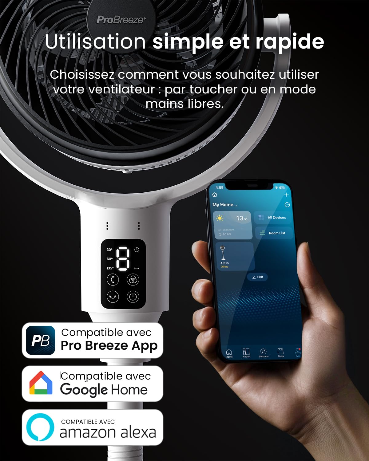 Pro Breeze Ventilateur sur Pied Intelligent 109 cm Ultra-Silencieux 29 dB – Écran LED, Wi-Fi, Appli Mobile & Télécommande, 2 Modes de Ventilation, oscillation 135°/85° – Compatible Alexa