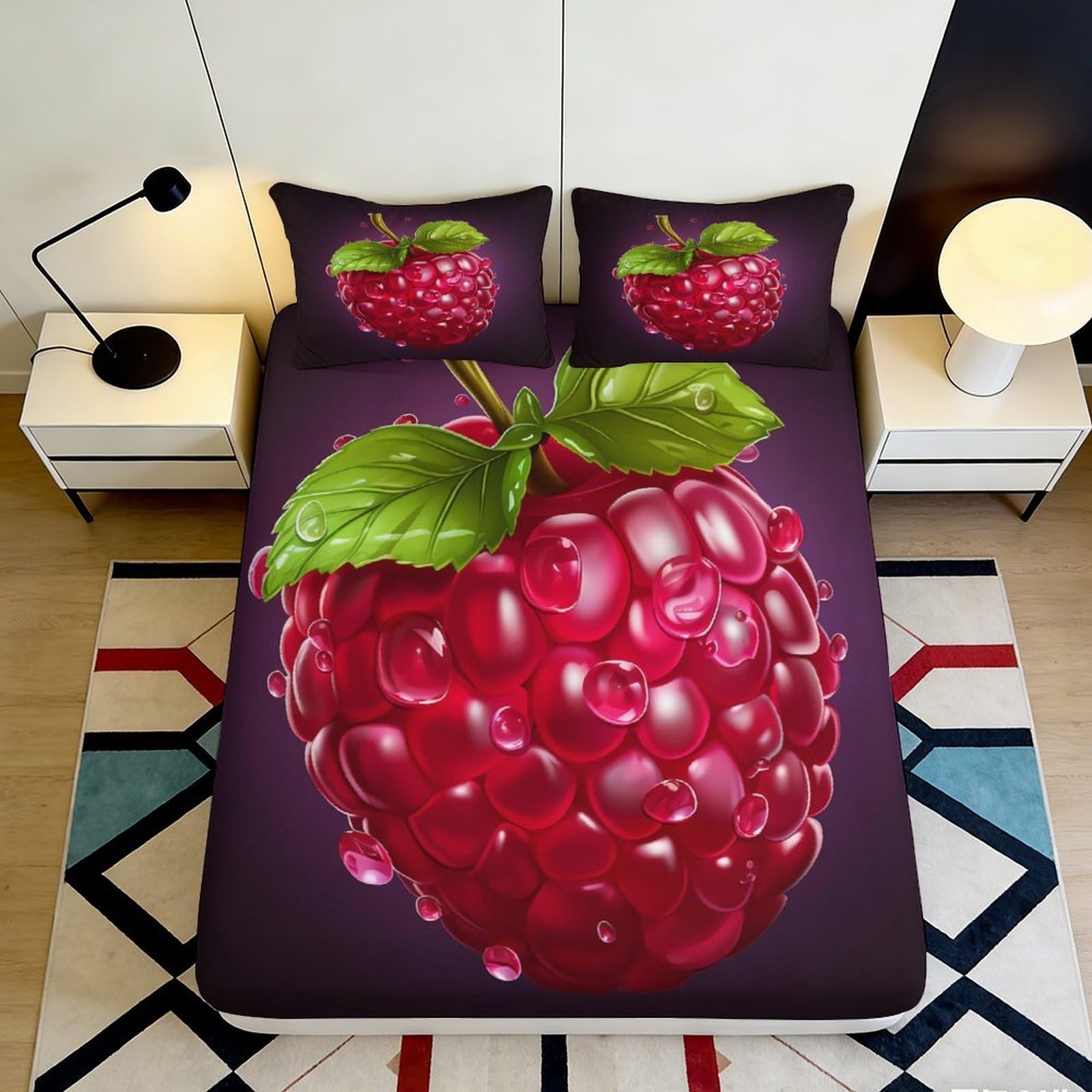 3D Printed Raspberry Art Fitted Sheet Microfiber Soft Breathable Berry Bed Cover for Bedroom Guest Room Decor 90x200x25cm