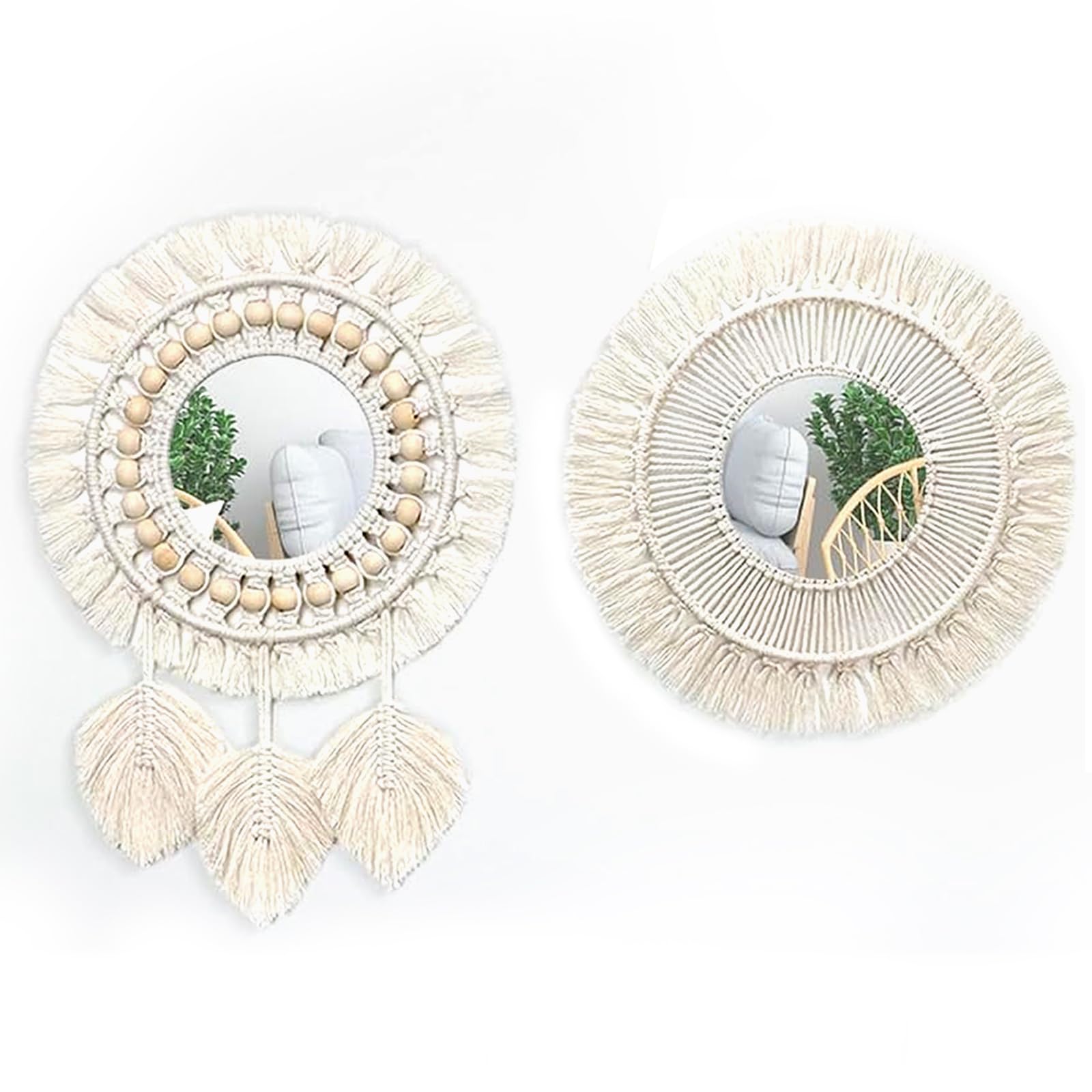 Dokeno Espejos Pared Decorativos Pack 2 Espejos Decorativos Ideales para Decoracion Casa, Habitación y Salón Espejos Redondos Pared con Diseño de Macramé Decoracion Pared Boho con Colgante de Plumas