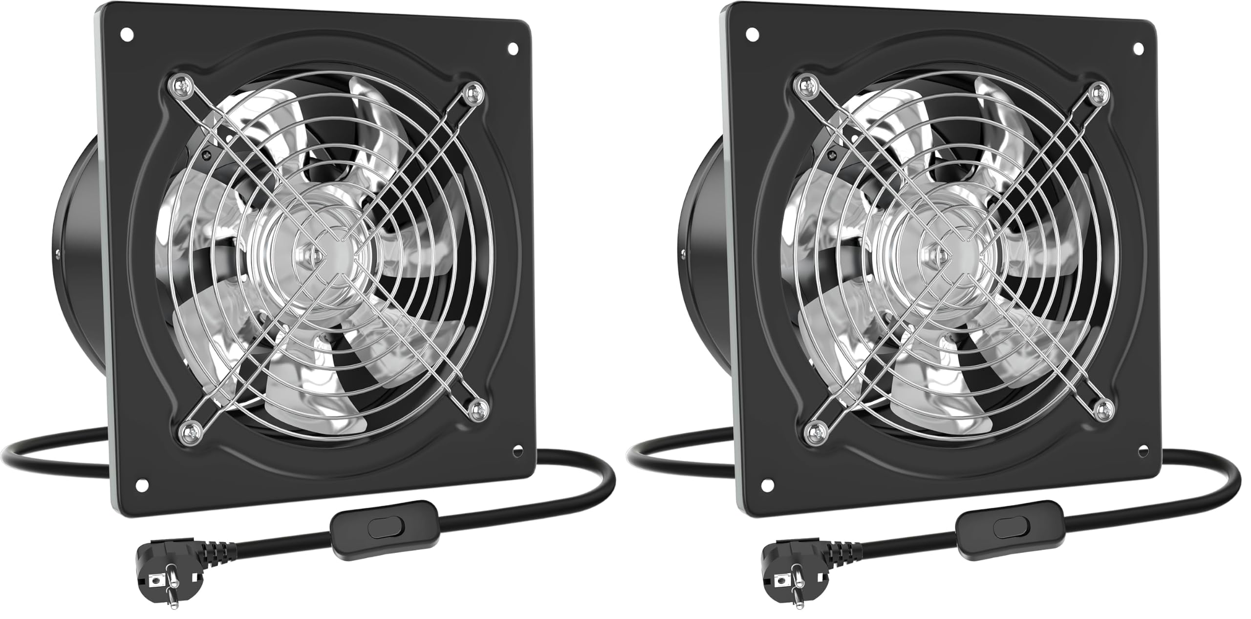 HG Power Abluftventilator 150mm, Badlüfter 525m³/h mit Rücklaufklappe Leistungsstarke Metall Wandventilator mit EU-Stecker für Küche Badezimmer Werkstatt Garage Untergeschoss, Schwarz (Packung mit 2)