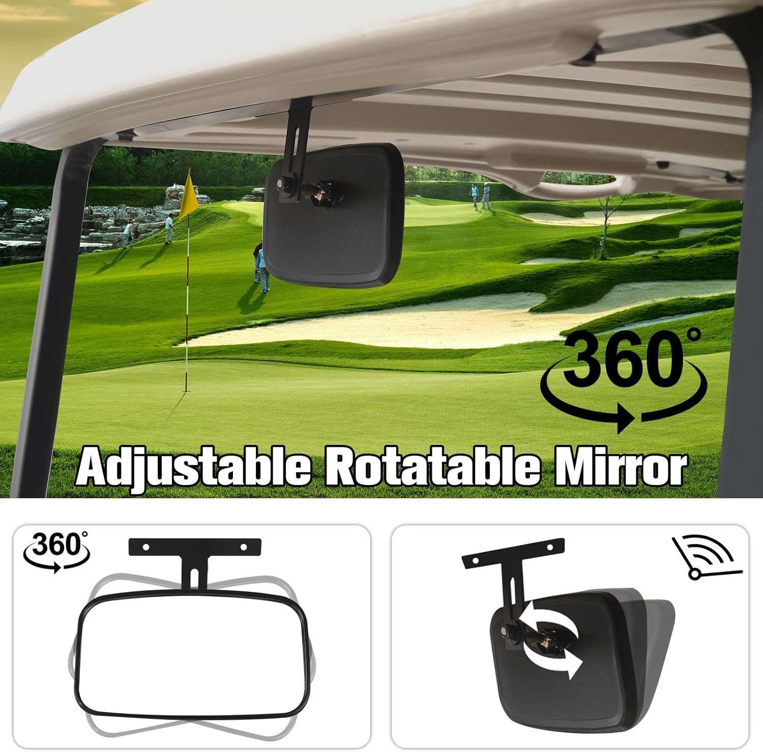 Golf Cart Rear View Mirror, Universal Extra Wide 360° Panoramic Center Convex Rearview Mirror for Golf Cart EZGO Club Car Yamaha Accessories (1 PC)