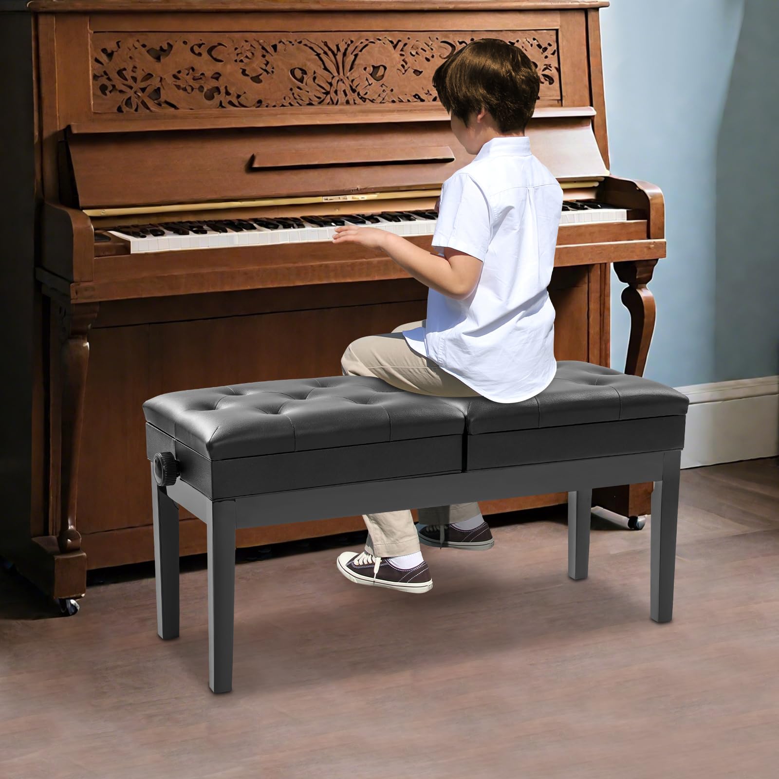 Doppelsitzer Pianobank,108x39x48cm Klavierbank,Klavierhocker Höhenverstellbar 2 Personen,200KG Belastbar,Klavierstuhl mit Stauraum für Zu Hause,Schulen,Konzerten(Schwarz)