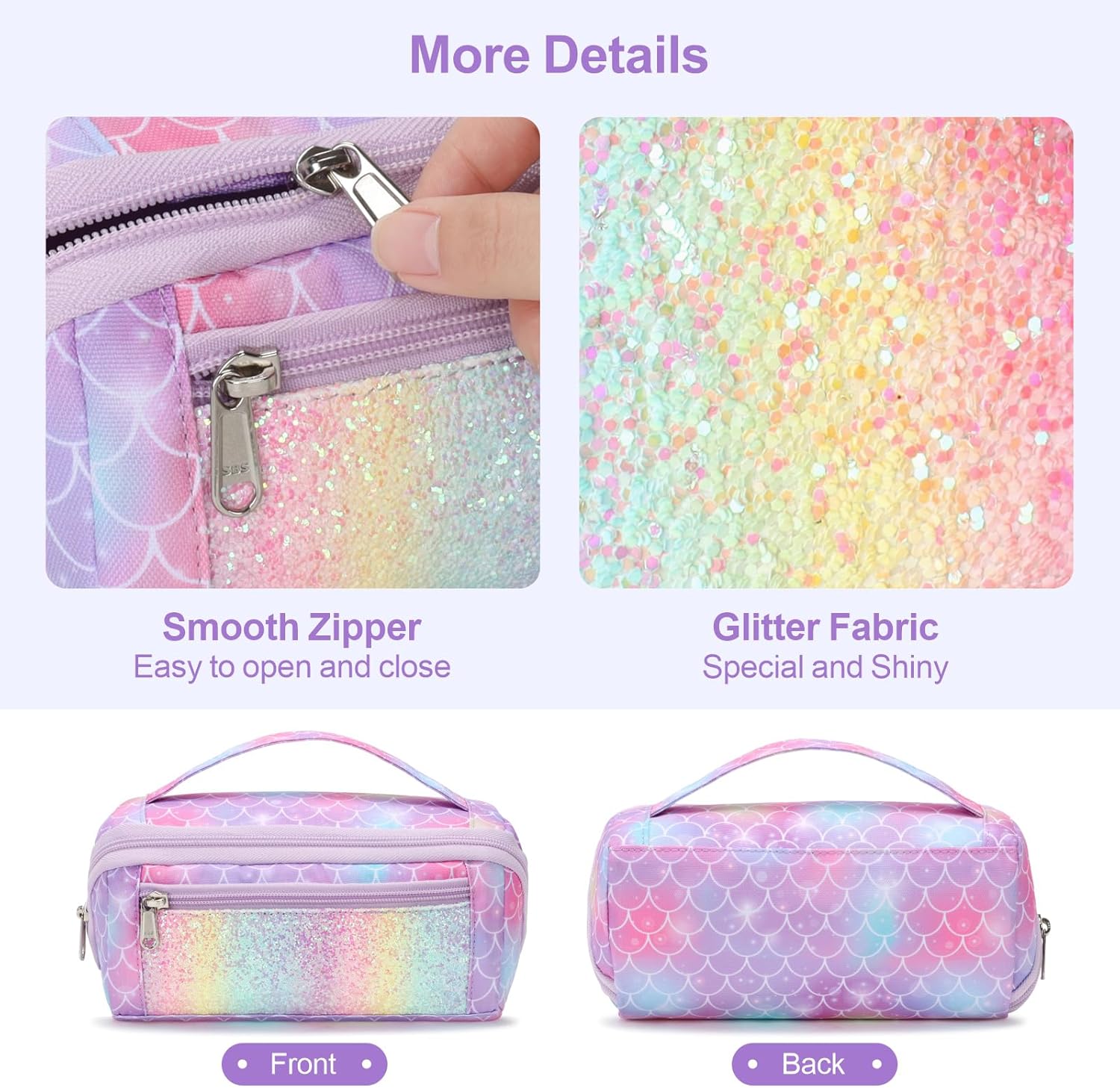 Large Pencil Case for Girls, Aesthetic Pencil Pouch for School, Wide Opening Organizer Box with Handle, Fits 50 Pens & Markers (Glitter Purple Mermaid)
