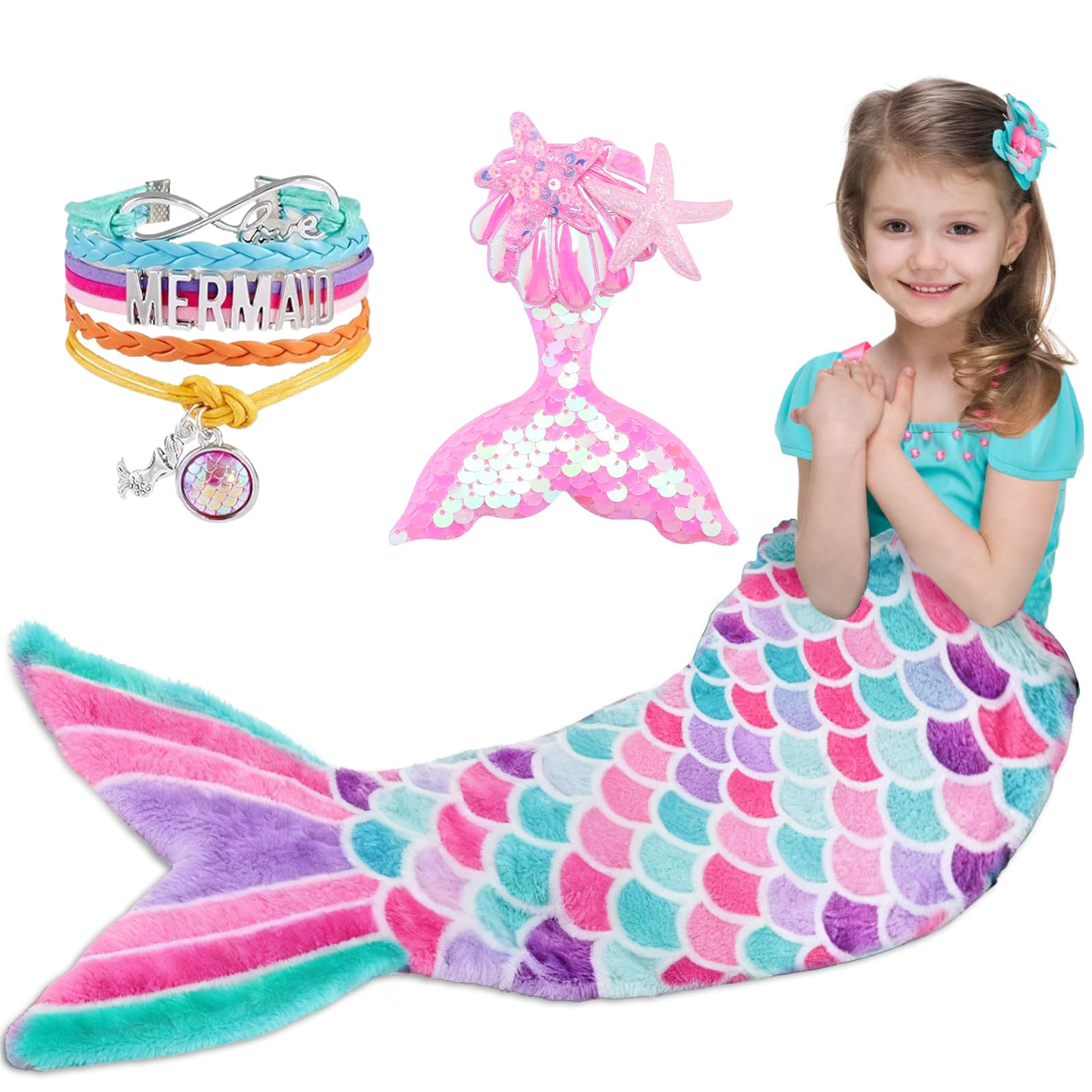 Coperta a Coda di Sirena, Coperta Sirena di Flanella Indossabile, con Braccialetto a Forcina Paillettes per Ragazze Bambini, Adatto per Halloween, Natale, 140 x 60cm