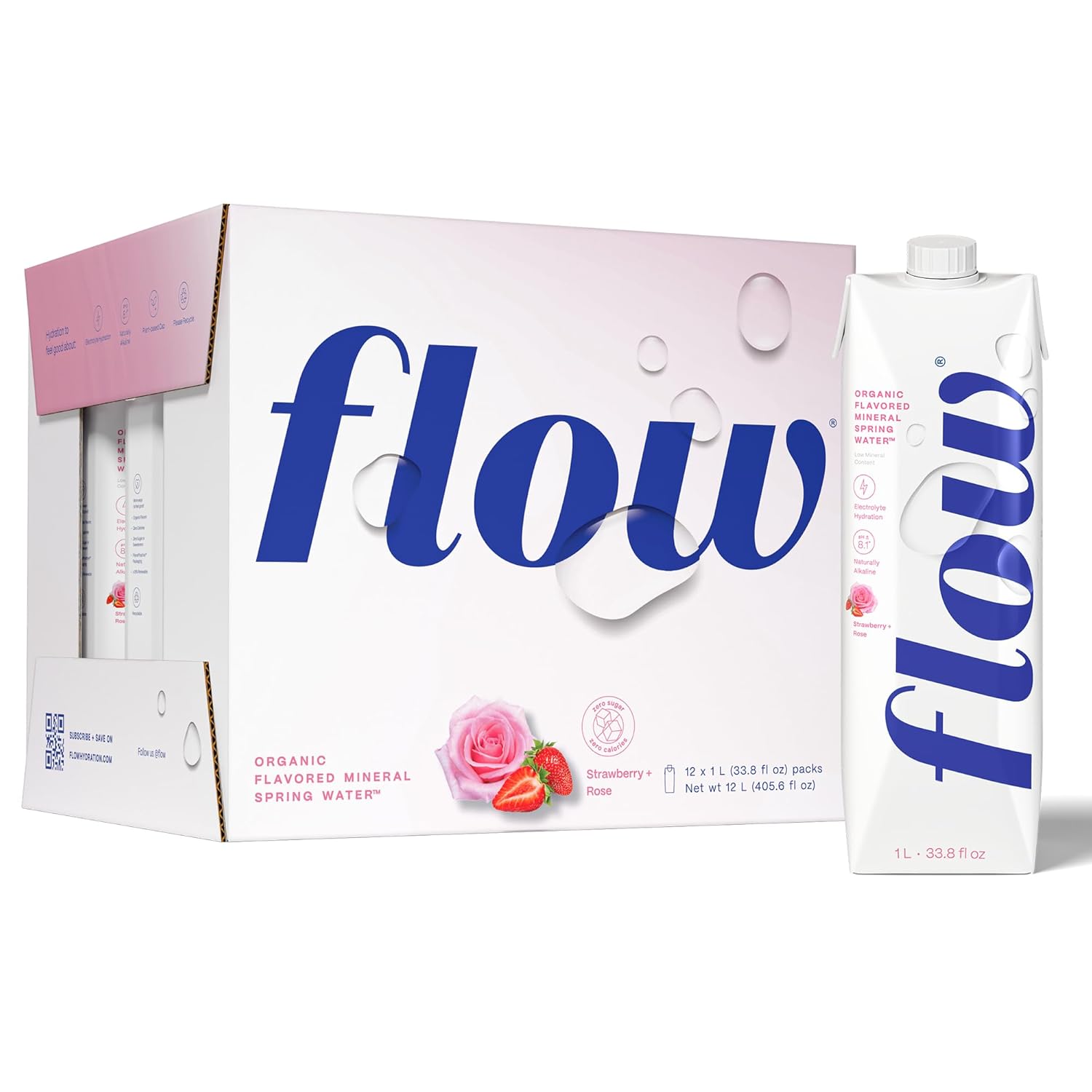 Flow Mineral Spring Water, Organic Strawberry + Rose, 12 Pack (33.8 Fl Oz) - Naturally Alkaline with Electrolytes and Zero Sugar