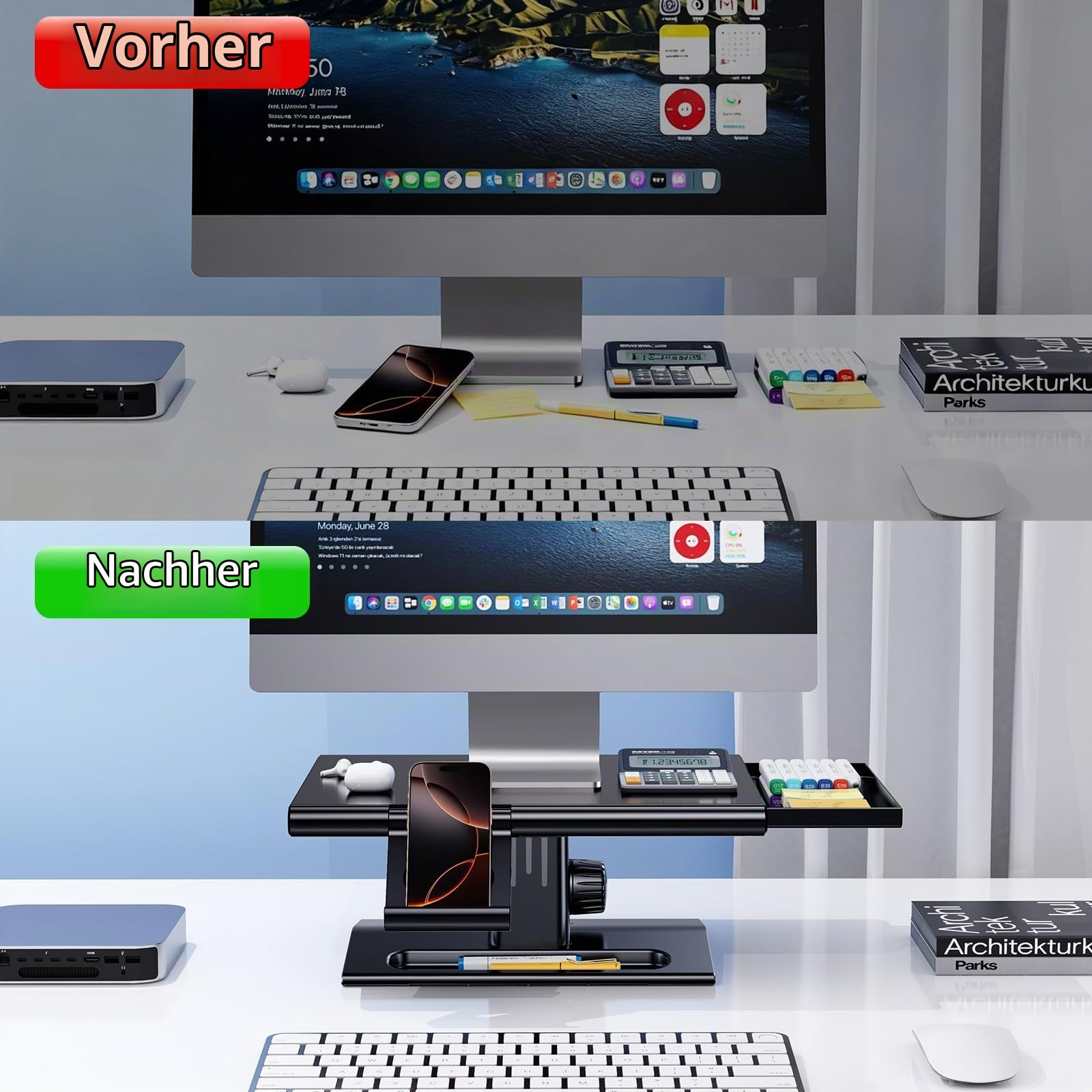Monitorständer,HöHenverstellbar Monitor Erhöhung Schreibtisch Erhöhung Monitor Stand mit Schubladen & Handyhalterung,Ergonomisch Desktop Bildschirmerhöhung Ständer für Computer,Laptops,PC,TV
