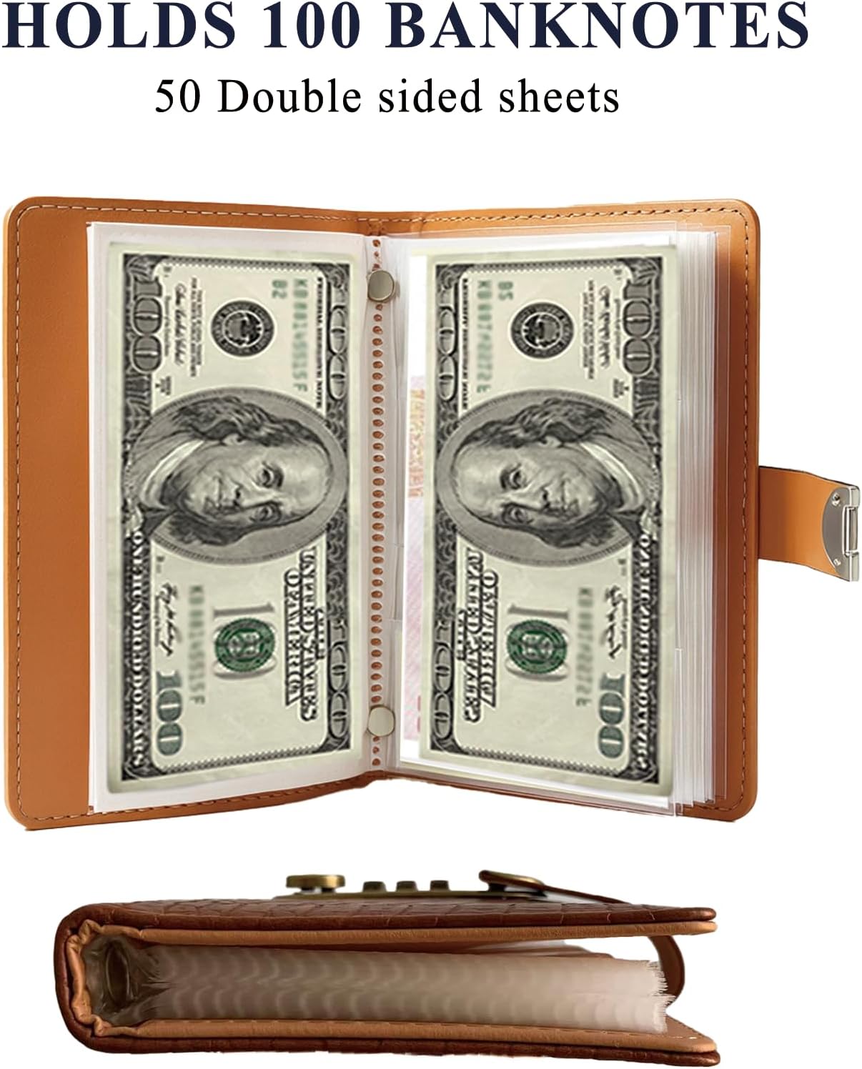 100 Pockets Currency Album with Password Lock Top Grade PU Leather Banknote Collection Book Binder World Paper Money Holders Sleeves for Collector Dollar Bill Cash Storage Collecting Supplies, Brown