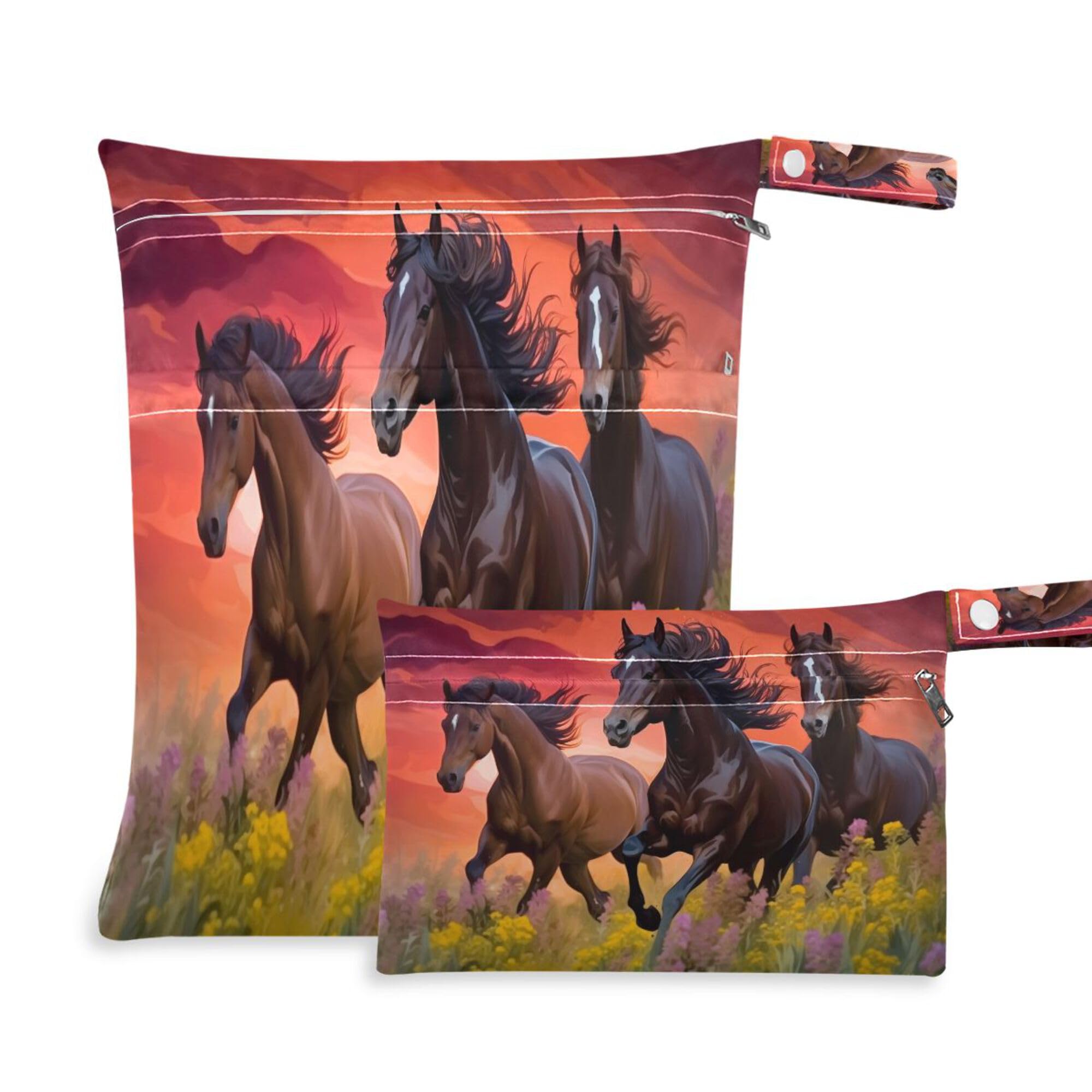 PYBUG Horse Wet Dry Bags Sets Waterproof Reusable with Two Zippered Pocket for Diaper,Swimsuit,Gym Clothes,2 Pack