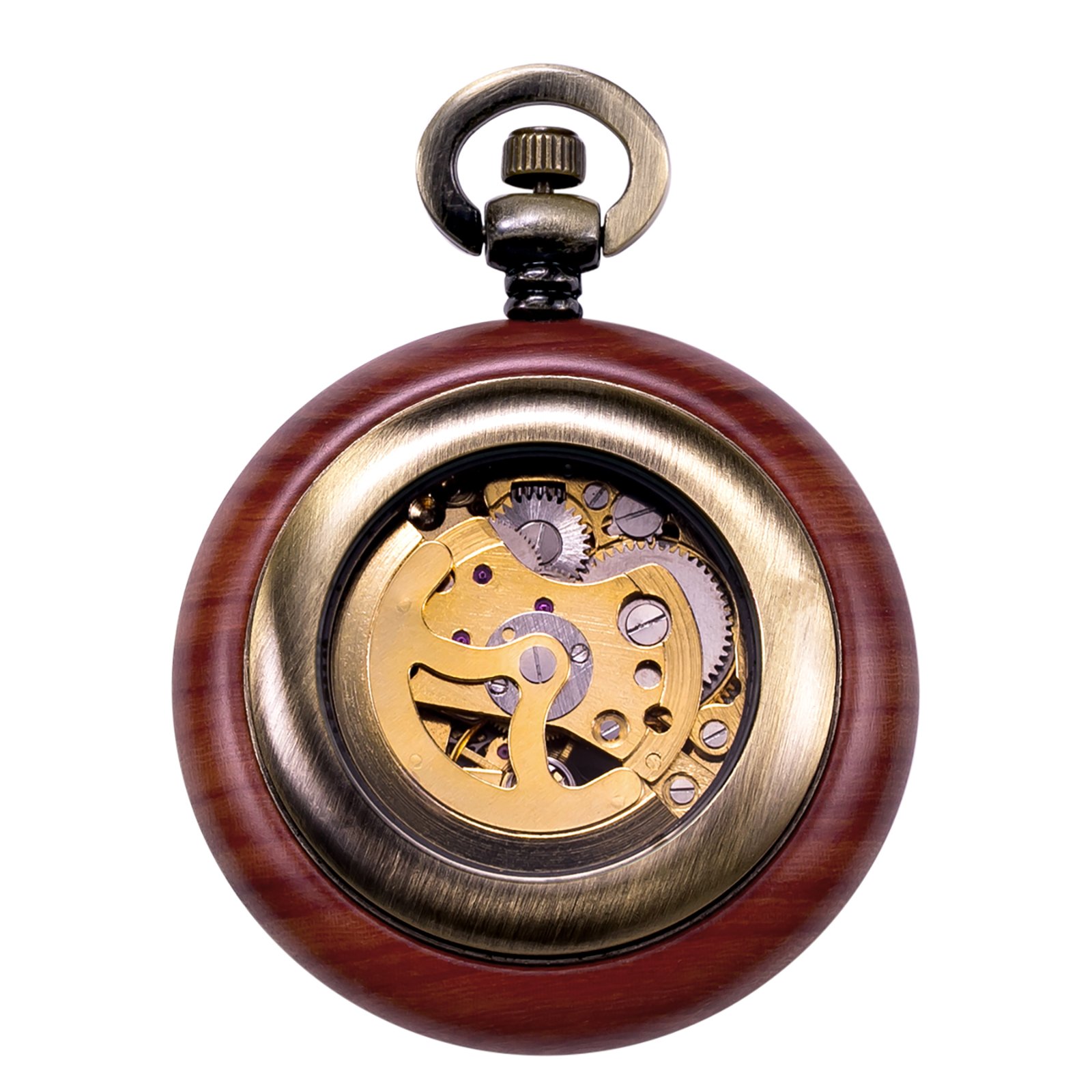TREEWETO Montre de poche mécanique automatique en bois vintage pour homme et femme, cadran squelette steampunk avec chaîne + boîte cadeau