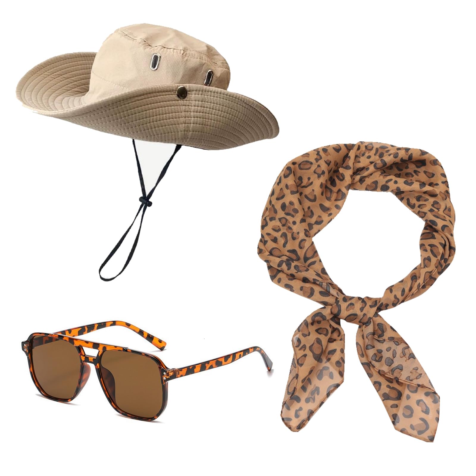 Gubilacrum 3PCS Safari Hat, Explorer Costume Kids, Safari Clothes for Women, Zookeeper, Safari Outfit with Leopard Print Scarf, Safari Hat, Leopard Sunglasses For Women Dress Up