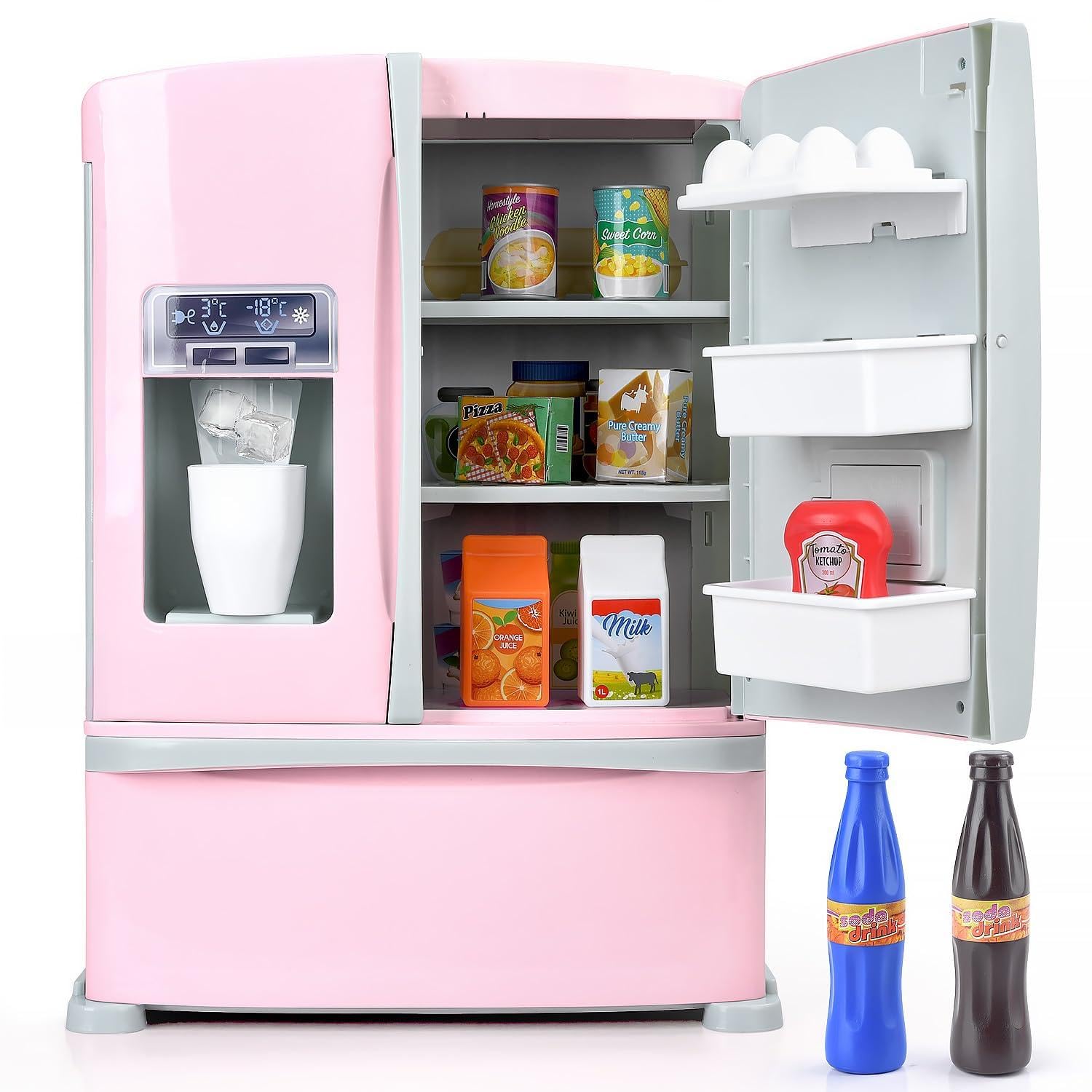 PLAY Set di accessori da cucina per bambini, frigorifero con dispenser di ghiaccio, set di accessori da cucina con frigorifero per bambini, giocattolo alimentare, cubetti di ghiaccio, utensili da