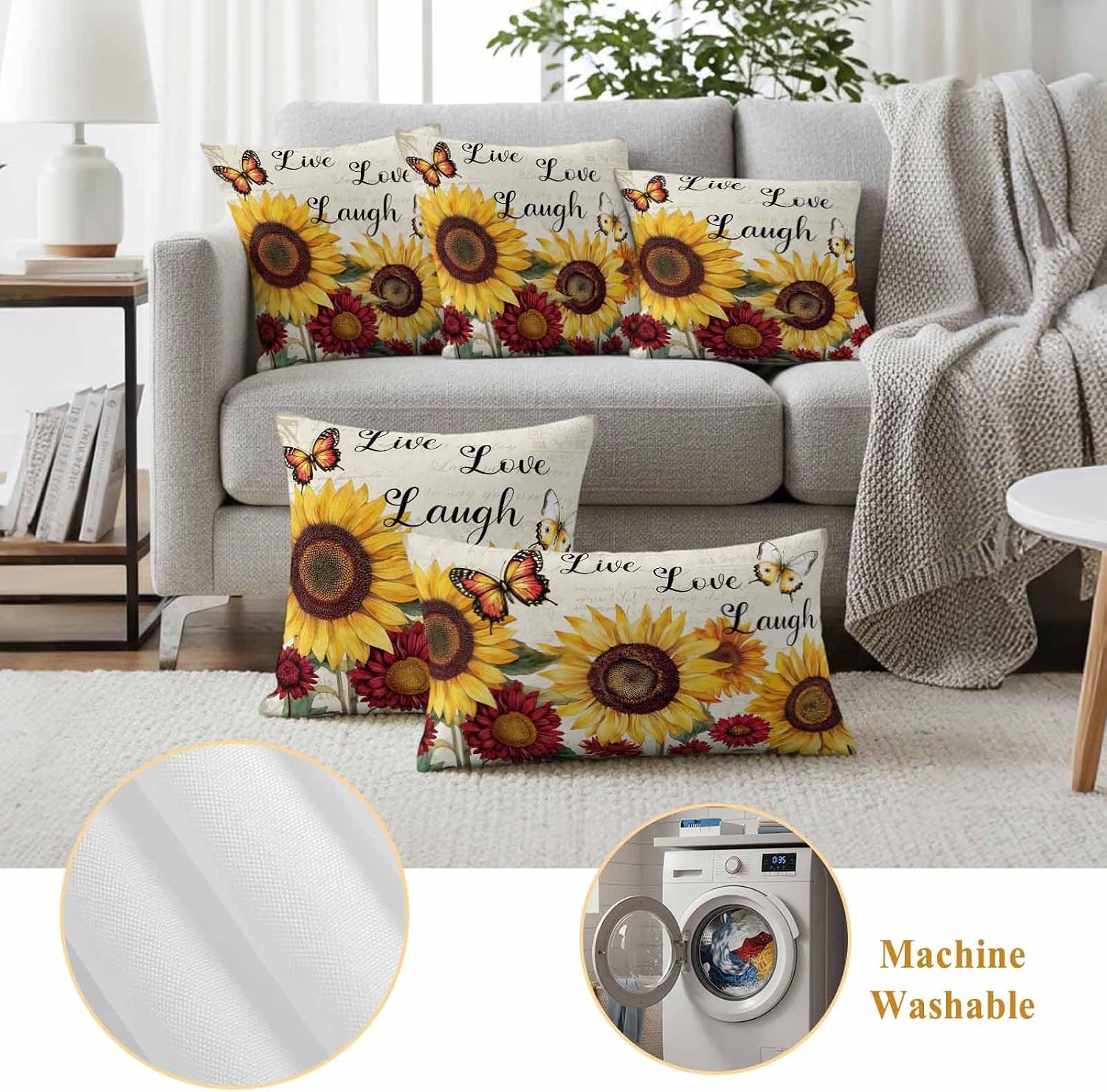 Sunflower Butterfly Outdoor Waterproof Throw Pillow Covers Set of 2, 20"x20", Yellow Red Floral Live Love Laugh Decorative Pillow Covers Outside Cushion Case for Patio Porch Garden