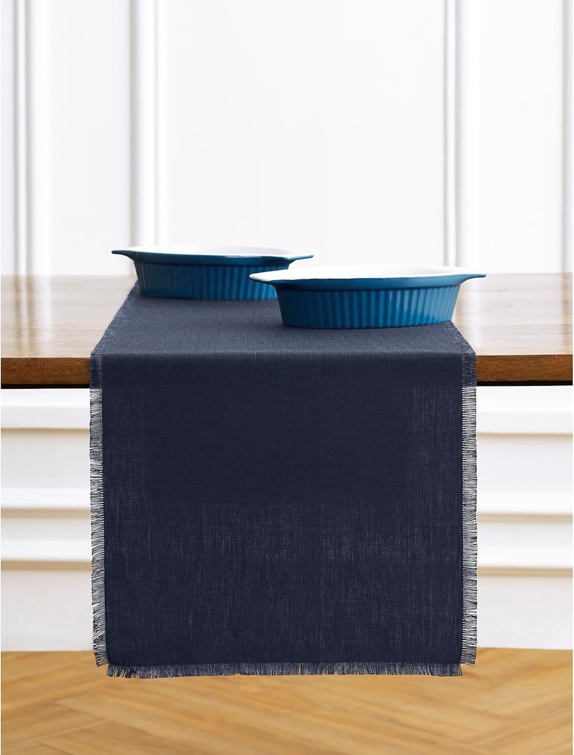 Solino Home Linen Navy Blue Table Runner 90 Inches Long - Fringe, 100% Pure Linen 14 x 90 Inch Table Runner for Winter, Mothers Day