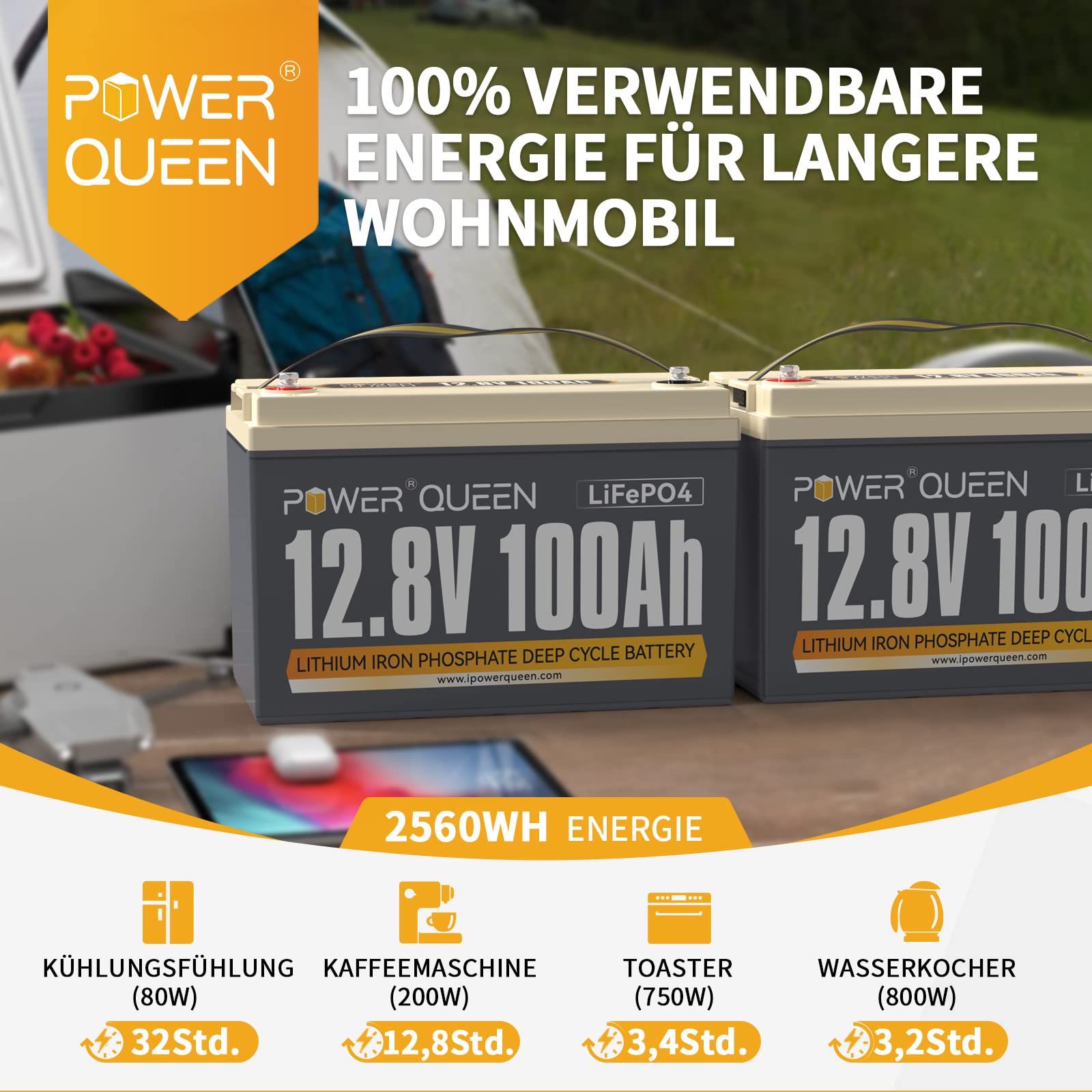 Power Queen 12V 100Ah LiFePO4 Batteria a ciclo profondo (Confezione da 2), potenza di carico 1280 Wh, BMS 100A, Batteria da 4000-15000 cicli e durata di 10 anni, per camper, impianto solare, barca