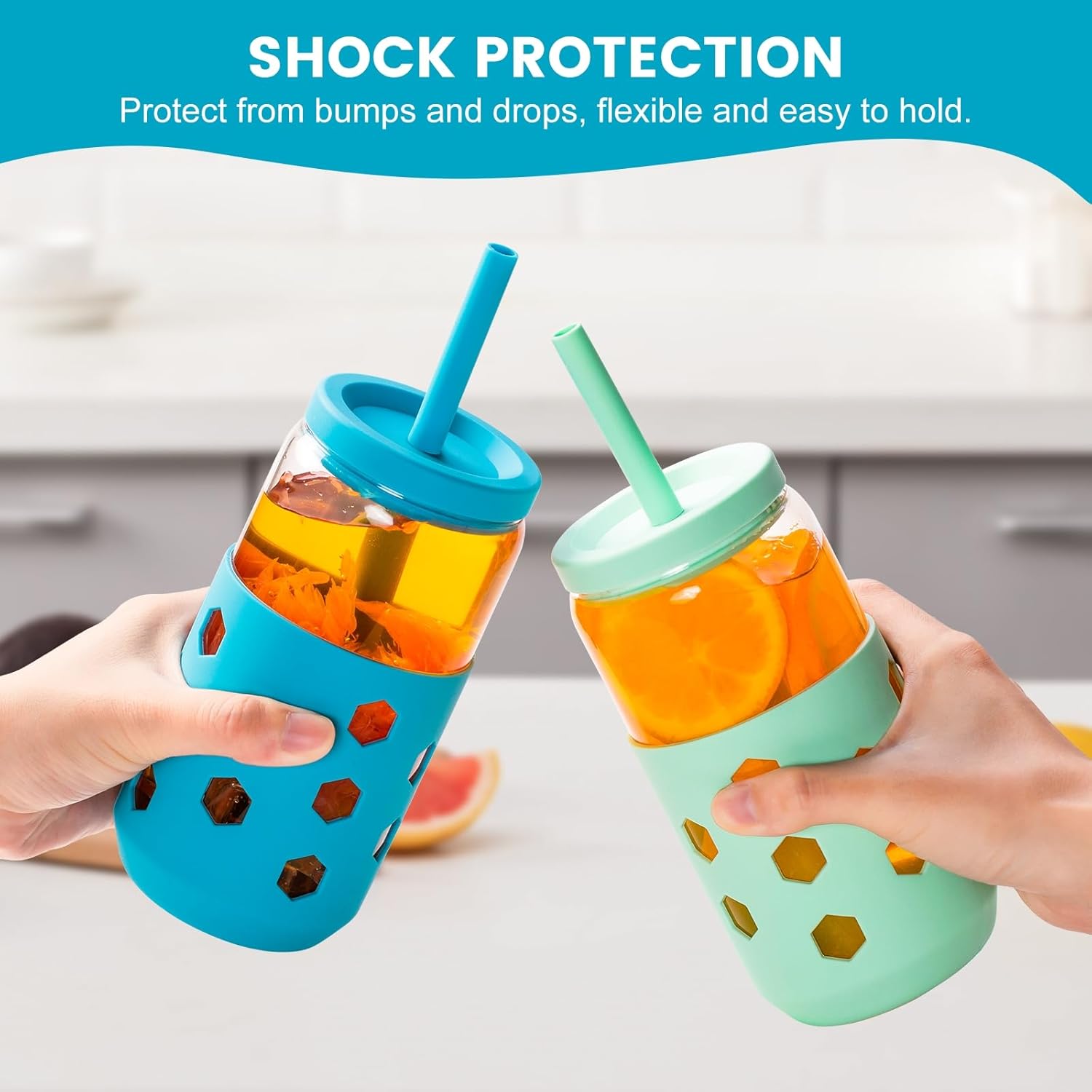 16 oz Glass Cups With Lids and Straws, 4-Pack Iced Coffee Cup - Smoothie Cup With Silicone Lid and Sleeve for Coffee Bar Accessory, Cute Drinking Glasses Set Reusable Glass Tumbler for Gifts - Image 8