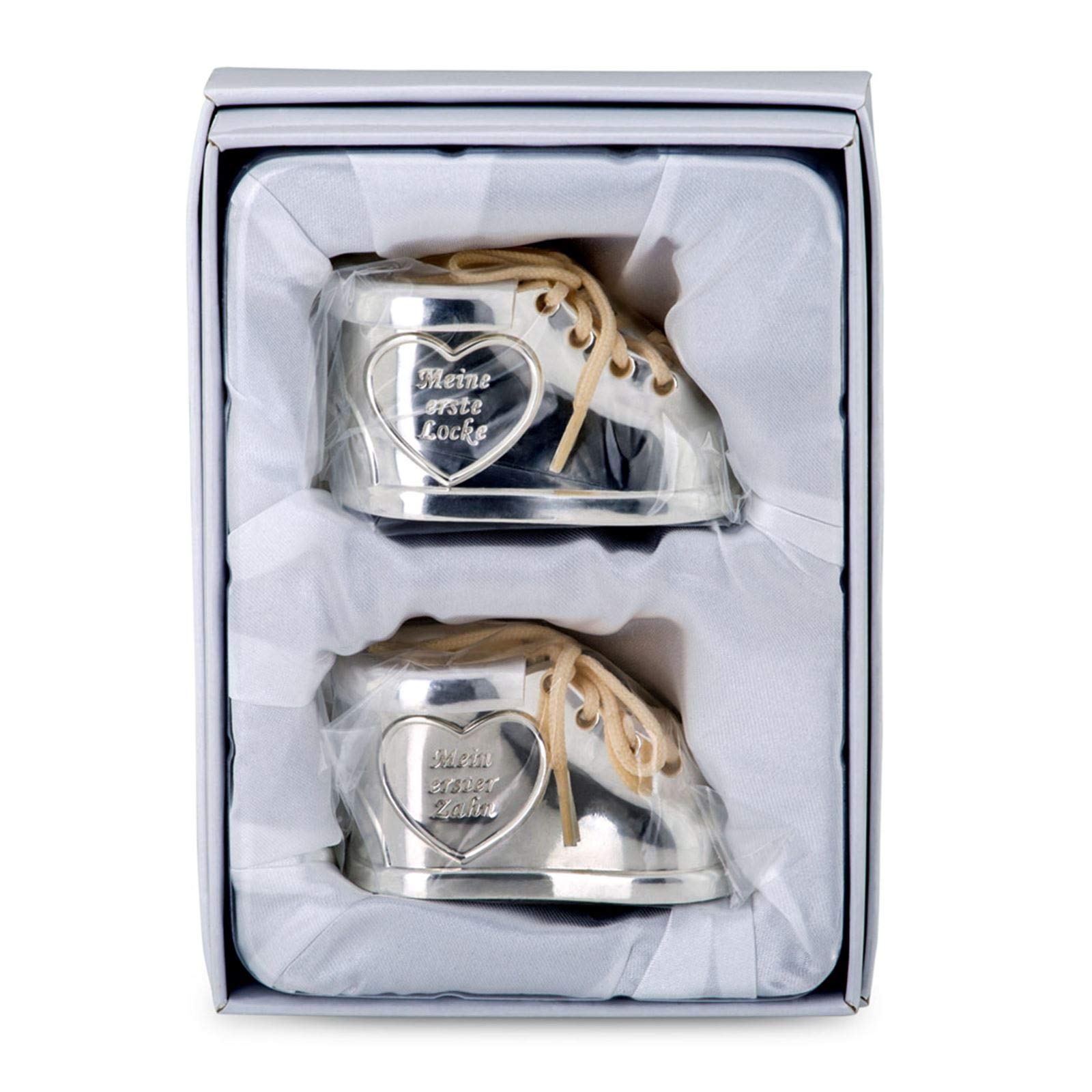 Zahn- & Lockendose versilbert - 2-teilig mit Aufschrift „Mein erster Zahn“ & „Meine erste Locke“, Babyschuhe Design, anlaufgeschützt, Geschenk zur Geburt & Taufe