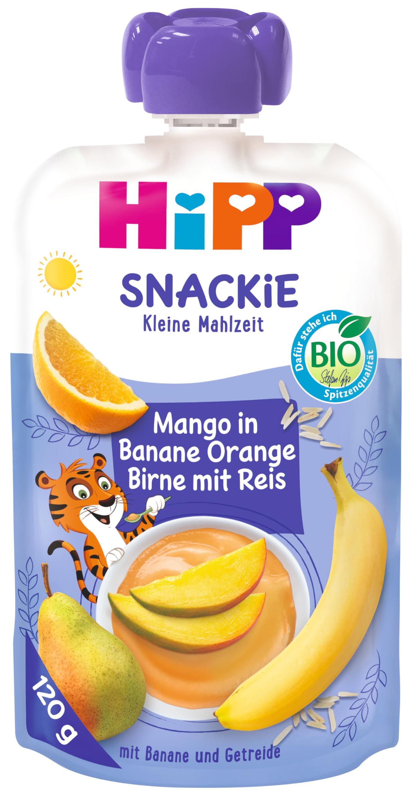 HiPP Bio Snackie Mango in Banane-Orange-Birne mit Reis - Thilo Tiger, (6 x 120g), liefert Energie für Sport und Bewegung, ab 1 Jahr, vegan, in bester Bio-Qualität