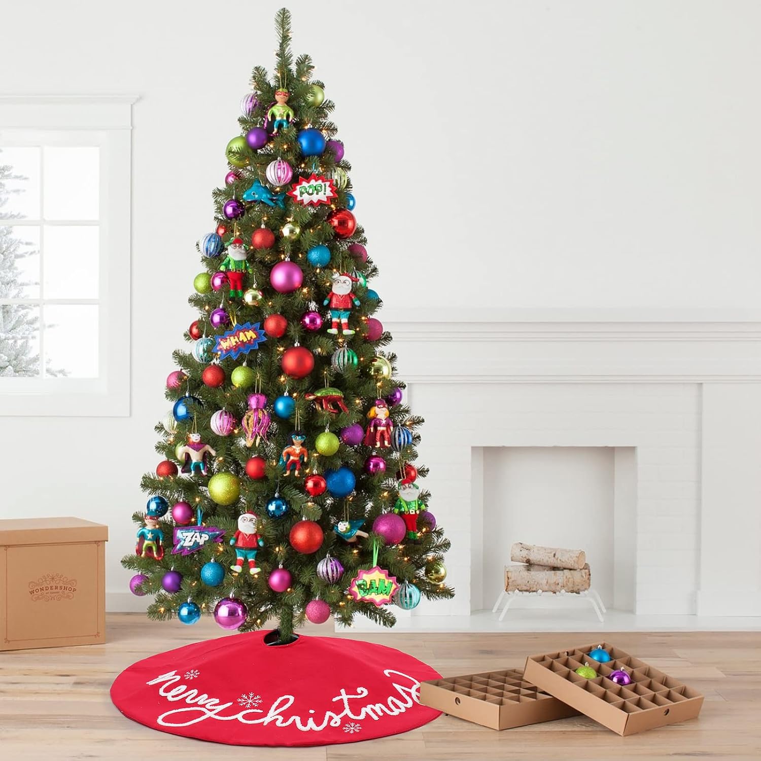 QLEKEY 32 Inch Christmas Tree Skirt Red Small Plush Xmas Tree Mat with Merry Christmas Patterns Soft Thick Holiday Decor for Home Party