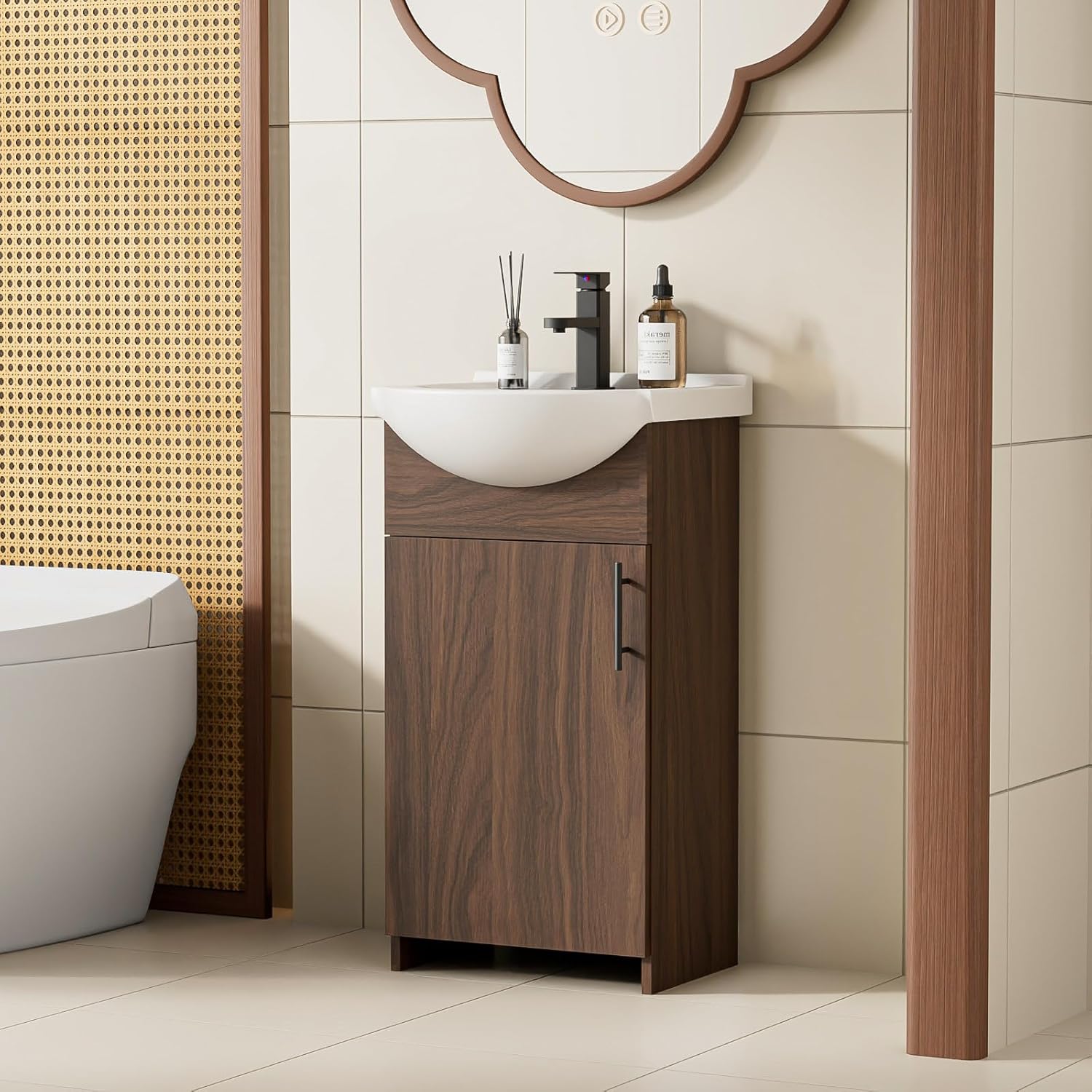 LUCKWIND 18 Inch Bathroom Vanity with Ceramic Belly Bowl Sink, Laundry Sink Cabinet Set, Bathroom Vanity Combo, Ceramic Utility Sink for Laundry, Bathroom, Utility Room, Kitchen (Walnut Brown)