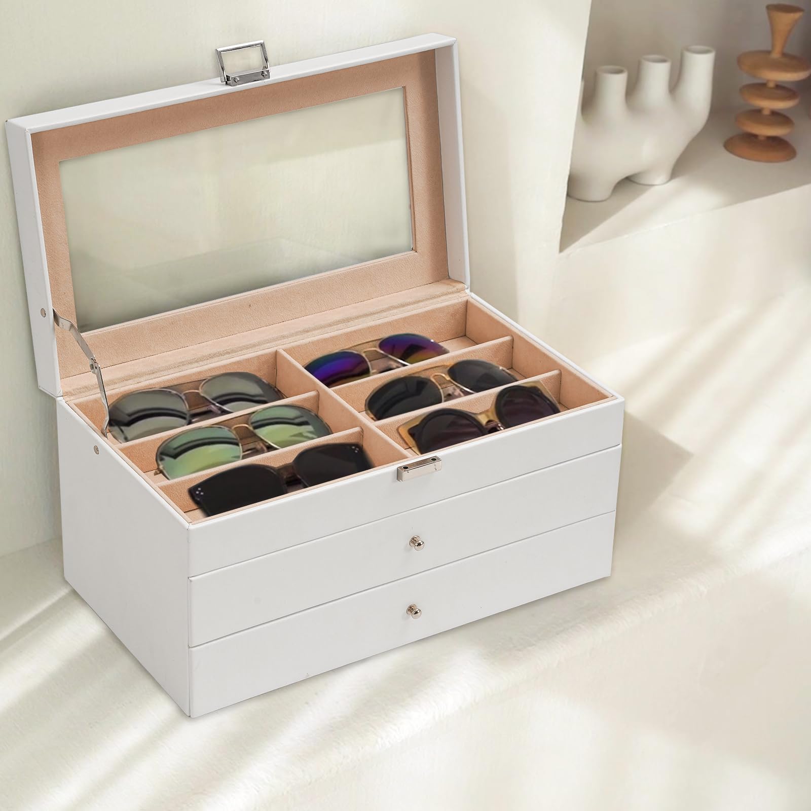 ProCase 3 Etagen Brillenbox 18 Sonnenbrillen Displaybox Aufbewahrungsbox aus Leder Brillenschatulle Brillenkoffer mit Glasdeckel