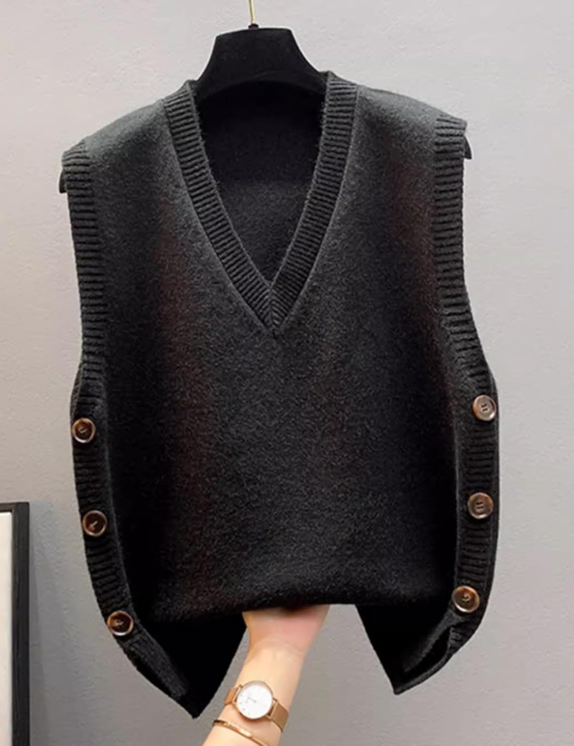 HangNiFang Womens Sweater Vest Sleeveless V Neck Trendy Side Button Down Knit Vest Outfits - Image 3