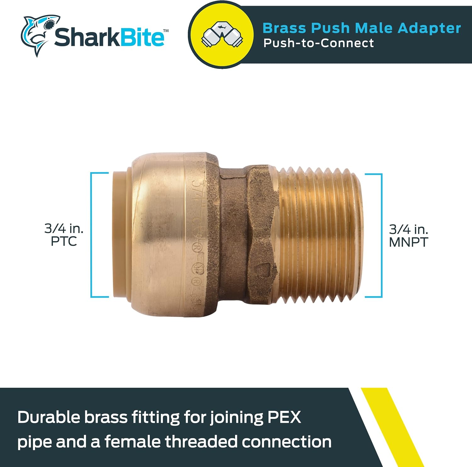 SharkBite 3/4 Inch MNPT Adapter, Push To Connect Brass Plumbing Fitting, PEX Pipe, Copper, CPVC, PE-RT, HDPE, U134LFA