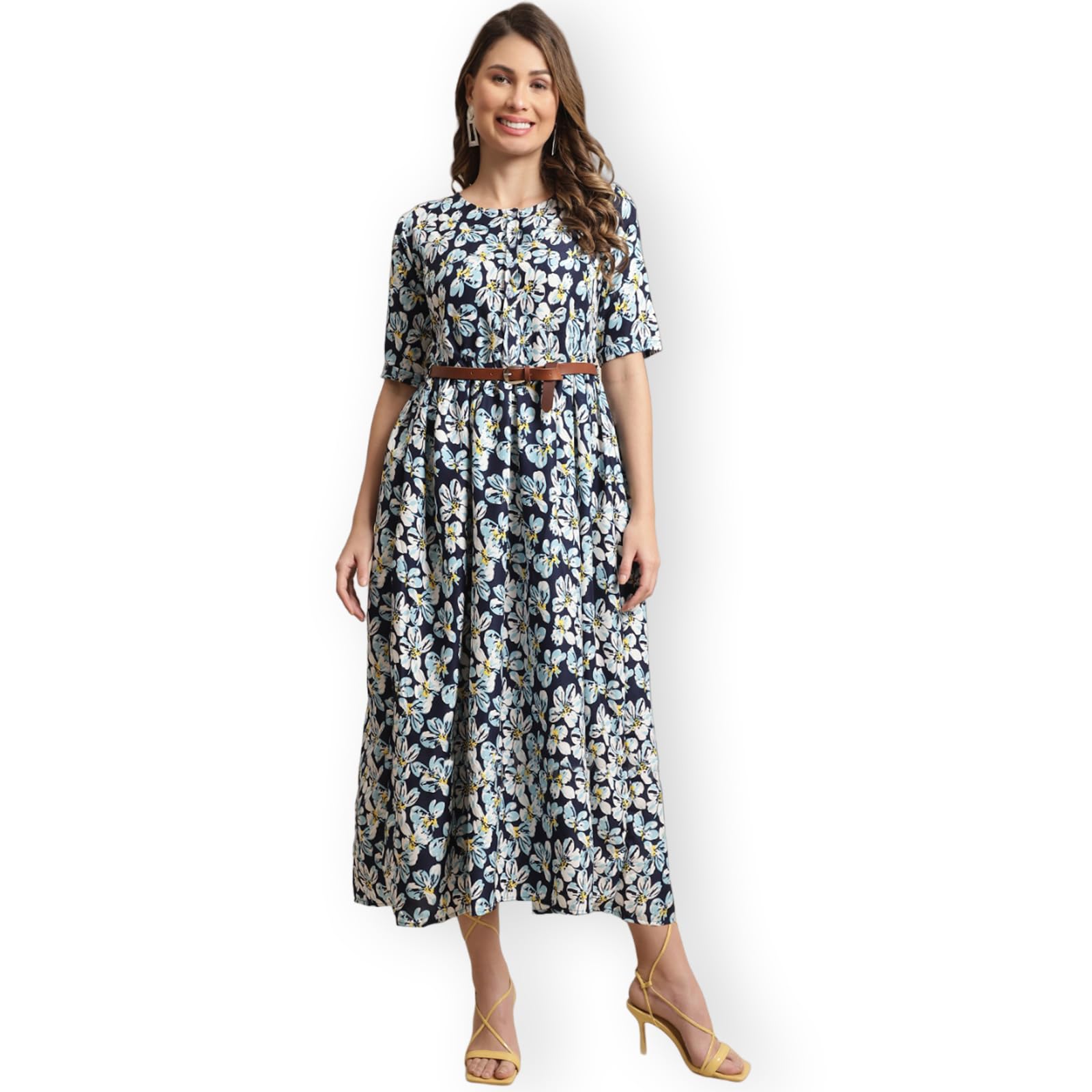 Preneum Girls's Georgette Floral Printed 3/4 Slevees A-Line Fit & Flare Gown With Belt, Sky Blue, S
