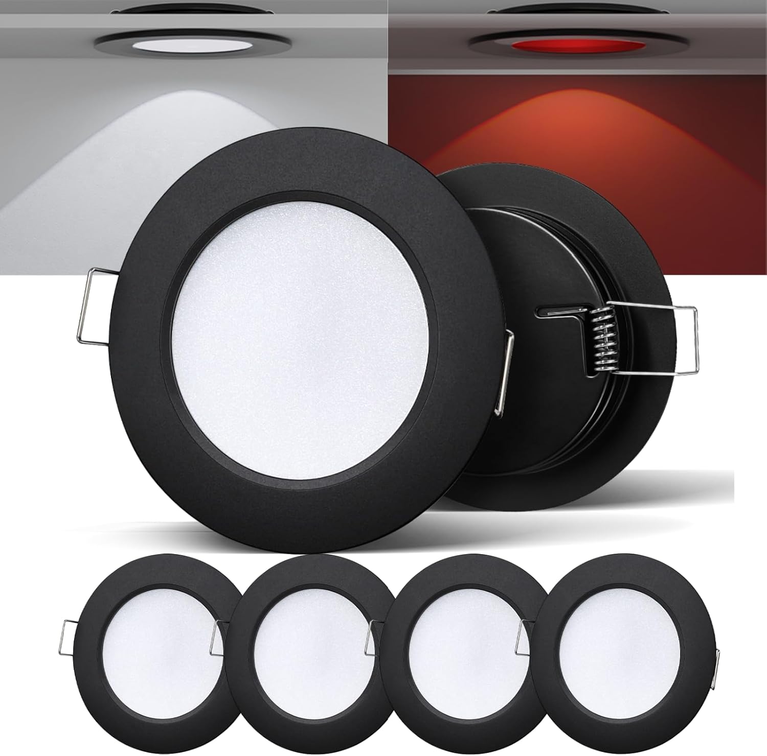 3" LED 12V Puck Lights Interior Bi-Color 12 Volt Red LED Puck Light Full Aluminum RV Dimmable Light Boat Trailer Flush Mount Light for Camper, Dinette, 4Pcs (Black, Cool White)