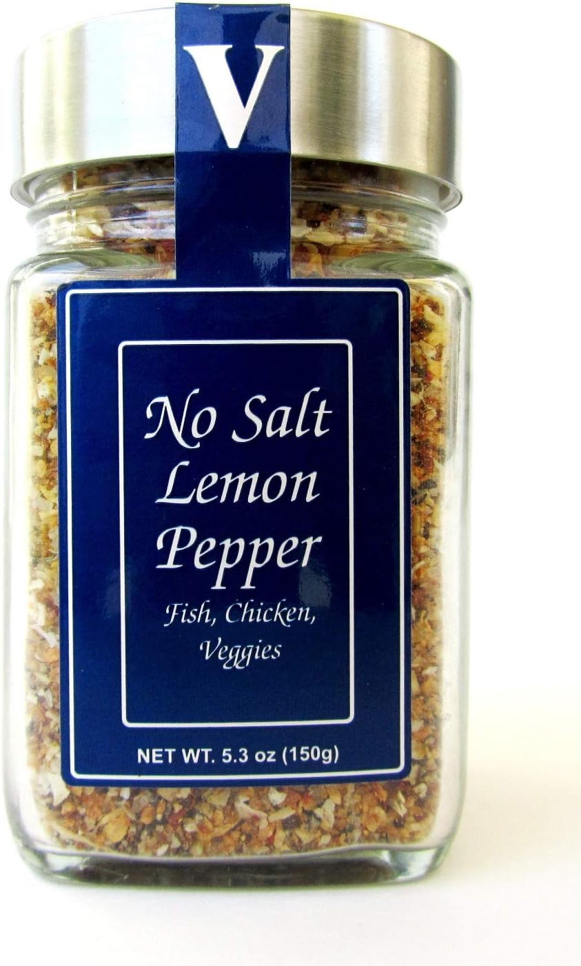 No Salt Lemon Pepper Seasoning - 6.0 oz Jar - Victoria Gourmet - Garlic, onion, peppers, lemon, salt free. Great with veggies chicken, salmon and shrimp