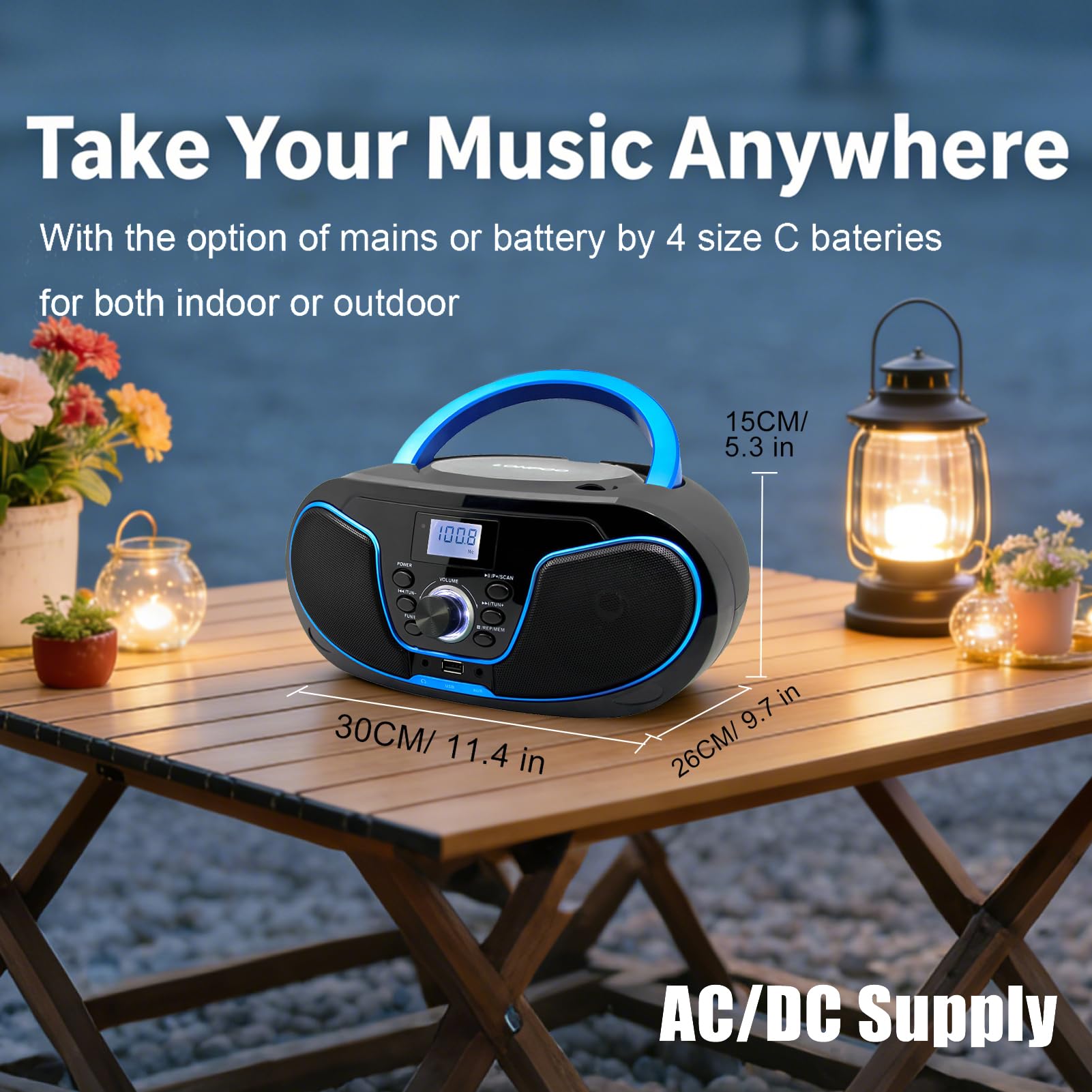 LONPOO Lettore CD Boombox Portatile - Stereo con Radio FM, Ingresso Bluetooth, USB, AUX, Uscita Auricolari, Audio Domestico Compatto, AC o Alimentato a Batteria (LP-D02)