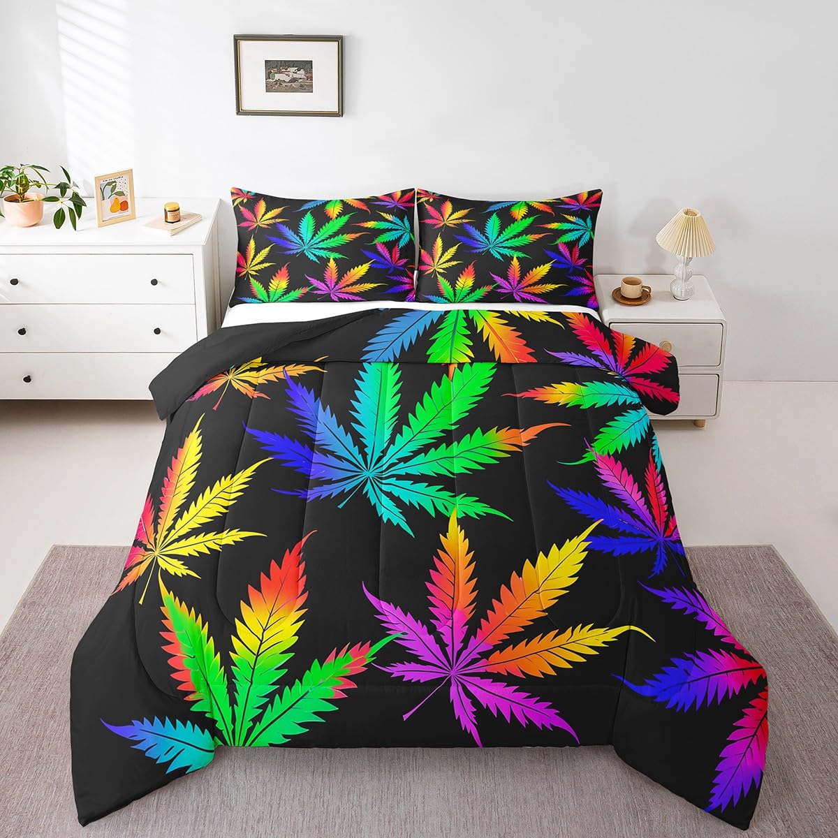 Erosebridal Marijuana Leaf Duvet Insert Full Rainbow Cannabis Leaves Bedding Set for Boys Teens,Gradient Iridescent Plant Comforter Set Tropical Botanical Weed Quilted Duvet Multicolor Bedroom Decor