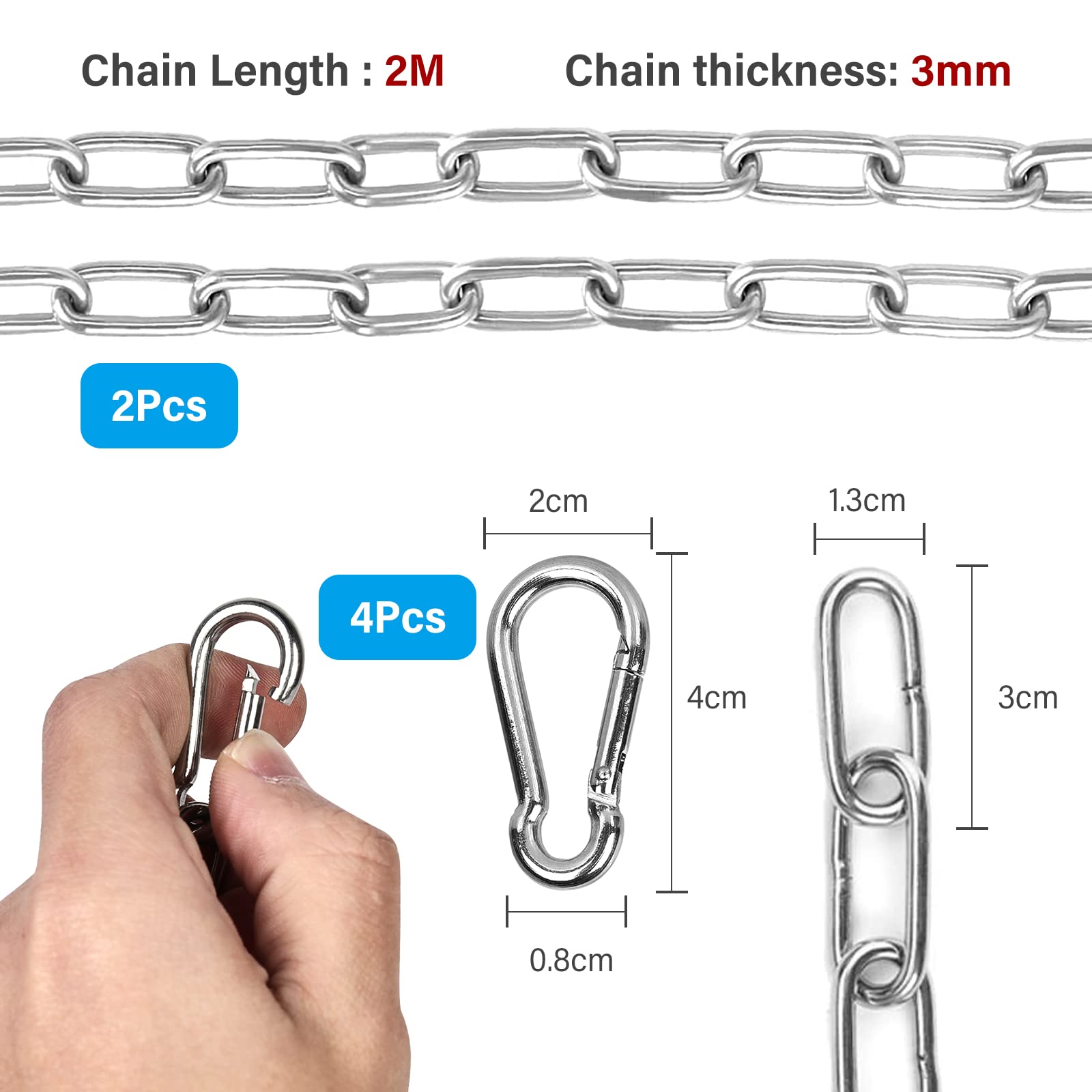 Vegena 2 Pezzi Catena in Acciaio Inox per Poltrona sospesa, Catena per Sedia Sospesa da 2 Metri, Catena con Due Moschettoni per Altalene, Poltrone Sospese, Amache