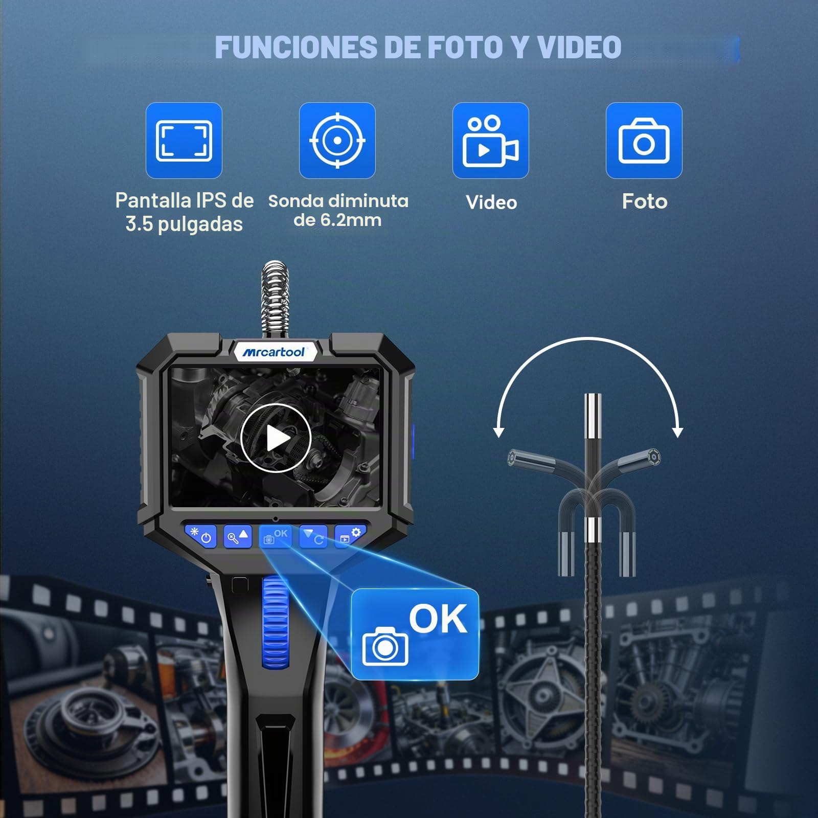 MRCARTOOL Endoscopio Industrial con Luz, 360° Giratorio Bloqueable Endoscopio Cámara de Inspección con 3.5" HD Pantalla, 6.2mm 1080P Cámara de Tubería, 32GB SD Card, 6 LED, IP67,1M Cable Semirrígido