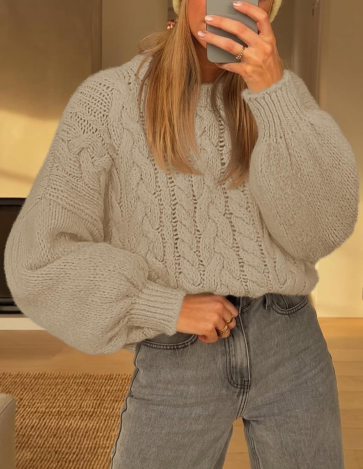 MEROKEETY Womens Fall Cable Knit Sweaters 2025 Long Lantern Sleeve Crewneck Chunky Loose Pullover Tops Winter Clothes - Image 2